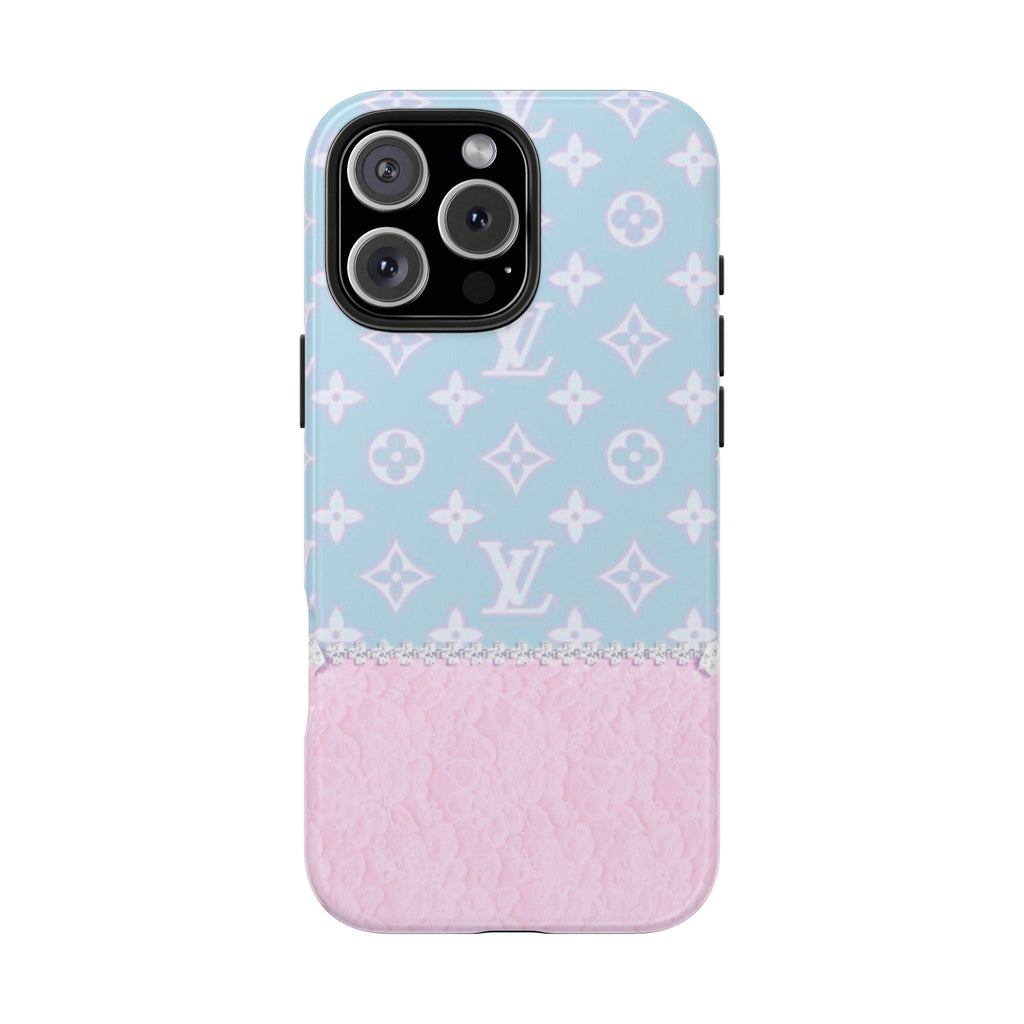 Light blue and pink phone case with LV monogram pattern and pink lace lower section