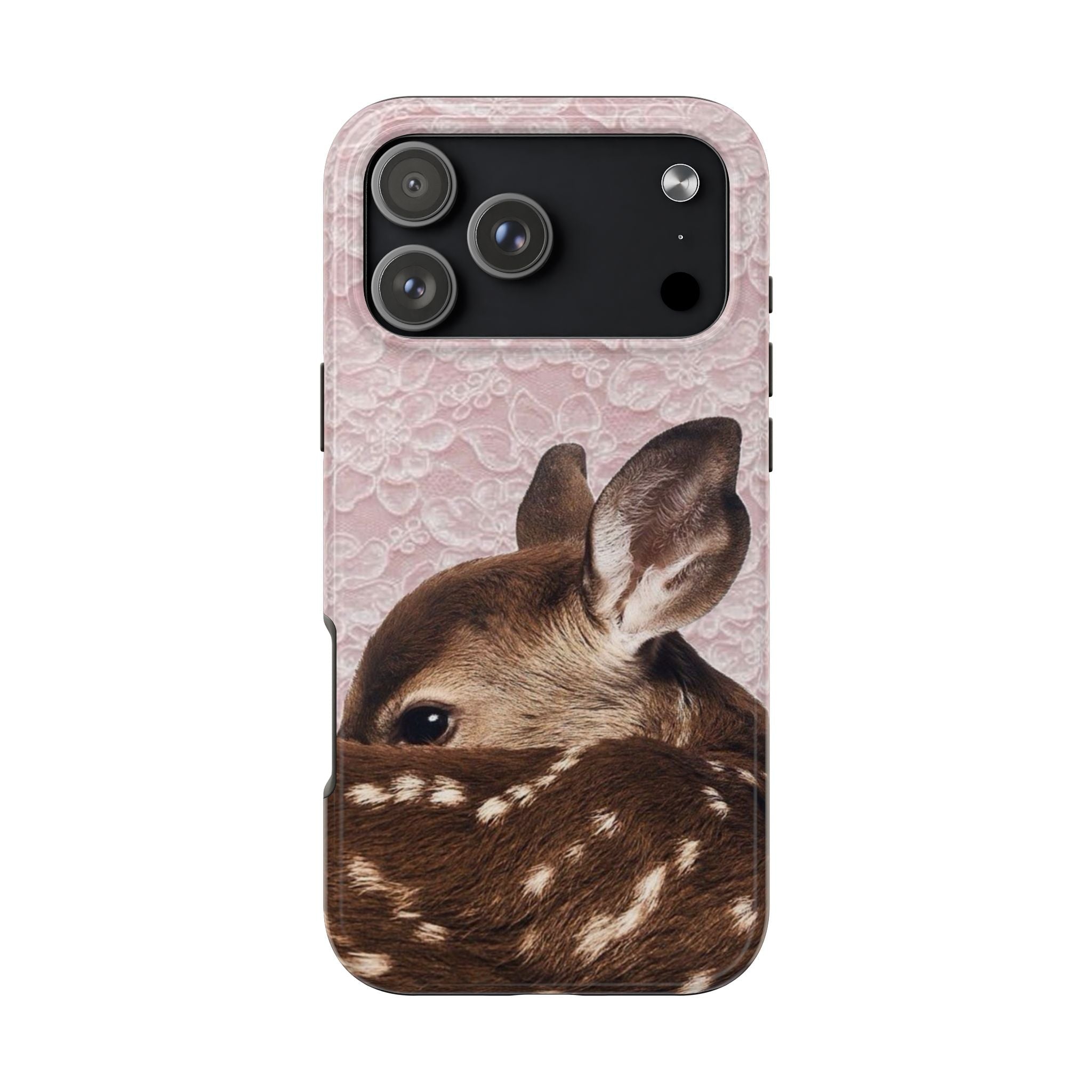 Pink lace phone case featuring bambi deer portrait with black camera and flash