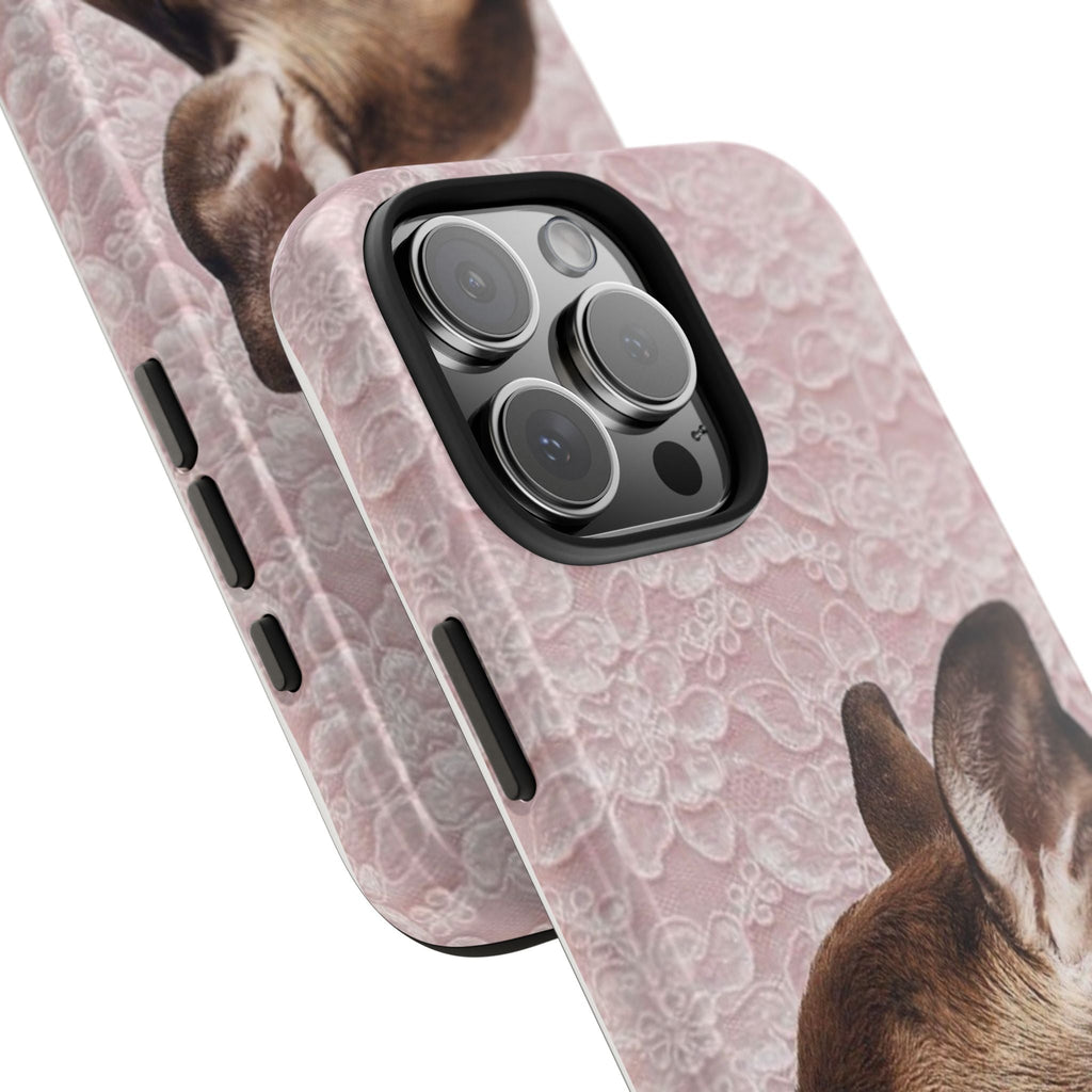 Pink lace bambi deer phone case, angled view with side button and camera cover