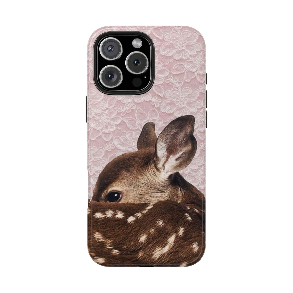 Pink lace phone case with bambi deer face and ears, black camera cutout