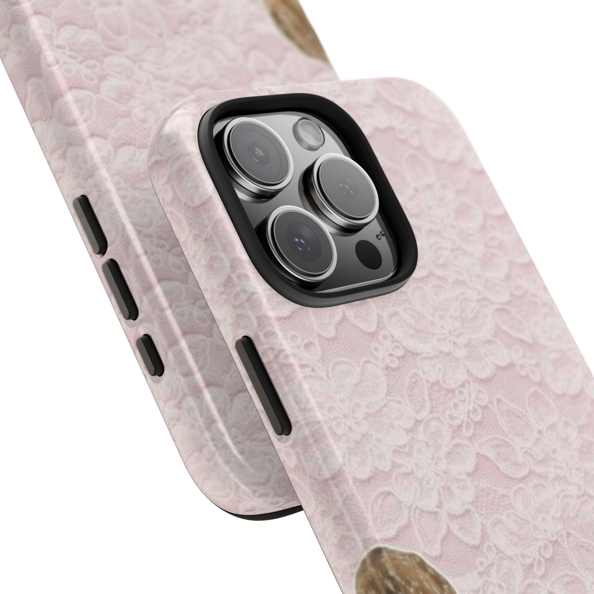 Pink lace phone case close-up, textured pattern with deer theme and camera cutout