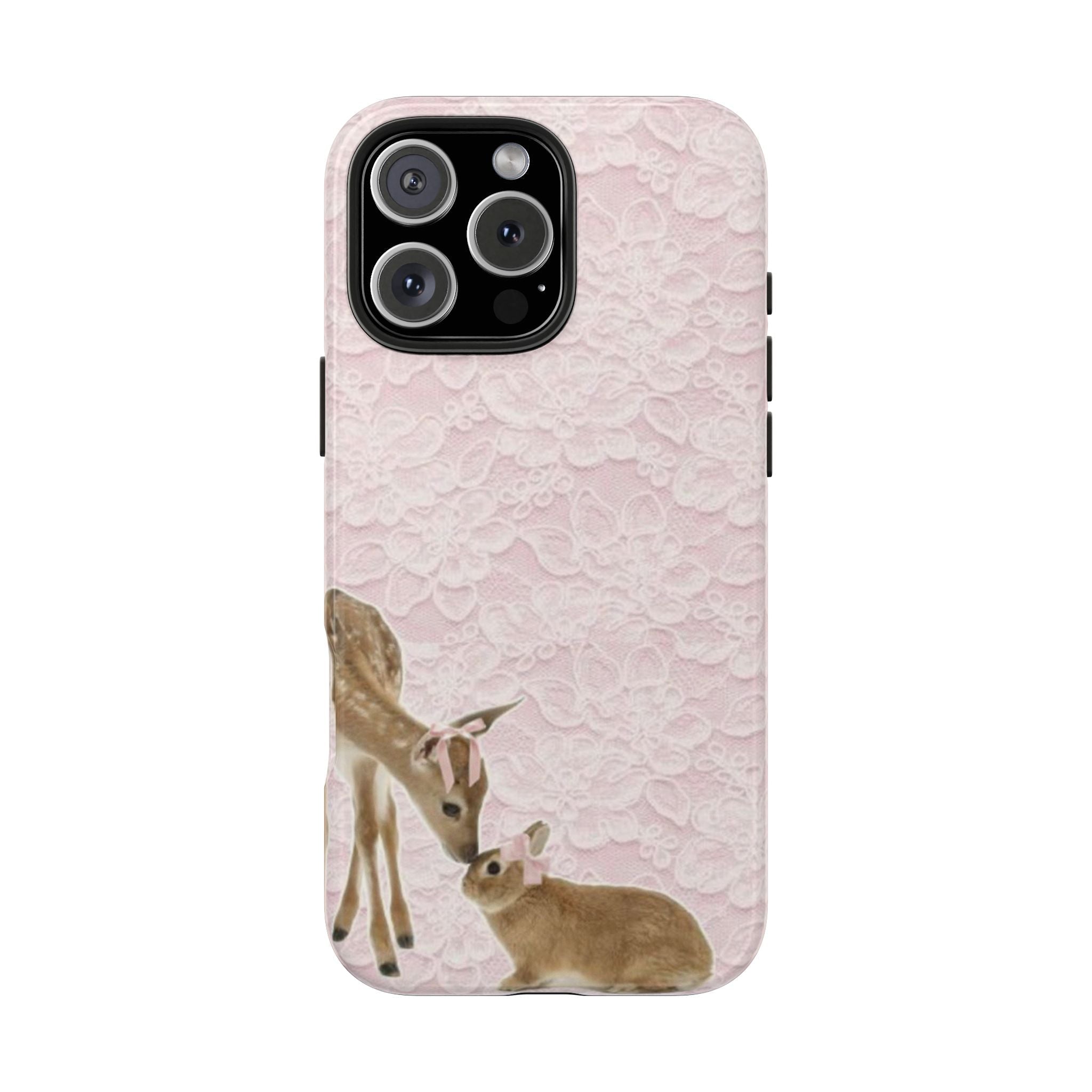 Pink lace phone case with deer and bunny illustration, raised camera cutouts