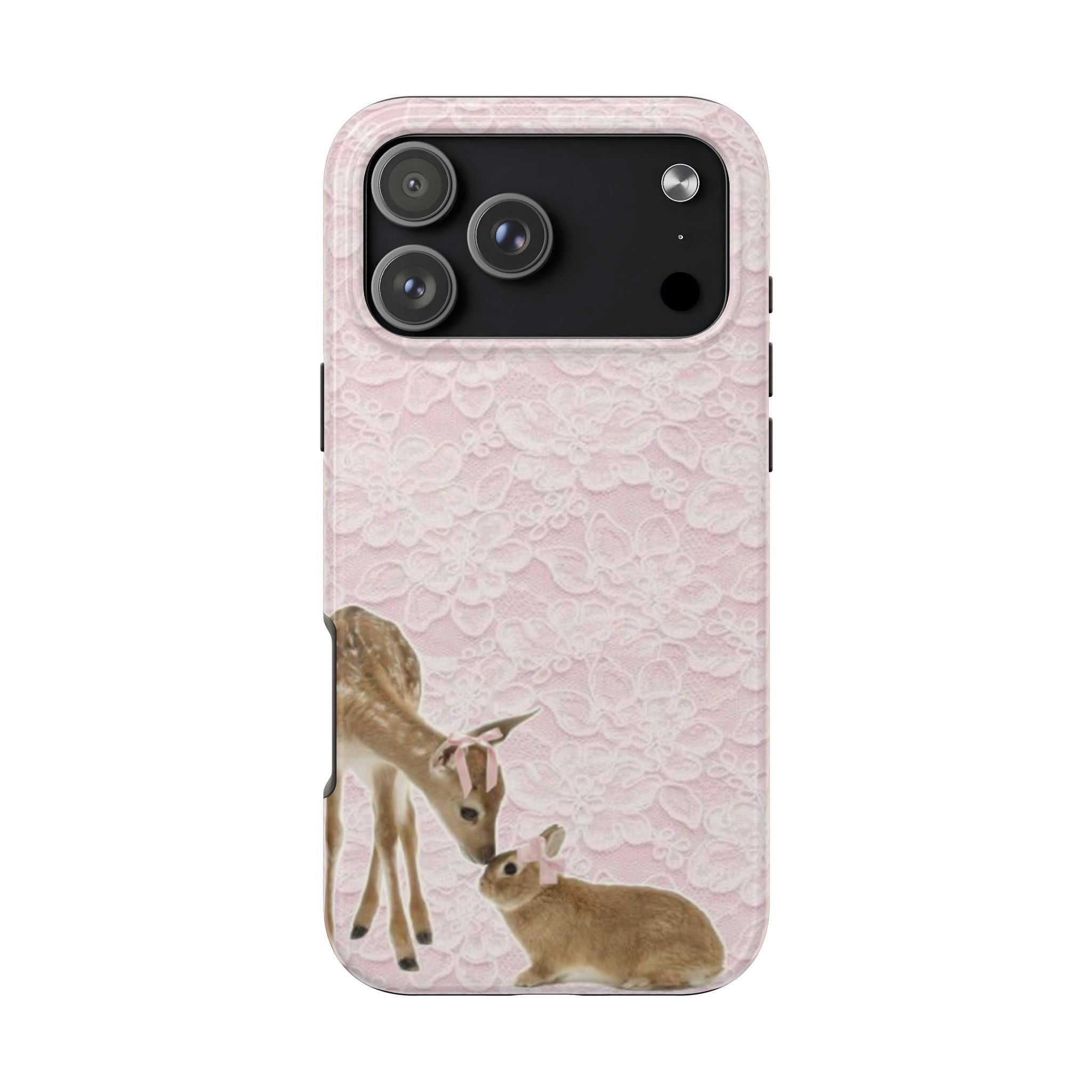 Pink lace phone case with deer pair and bunny design, snug fit around camera
