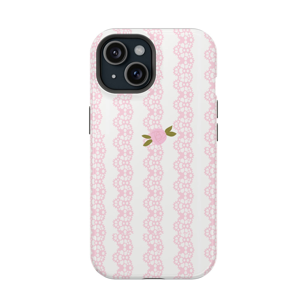 Pink lace knit jacquard phone case with rose pattern, cutouts for dual cameras
