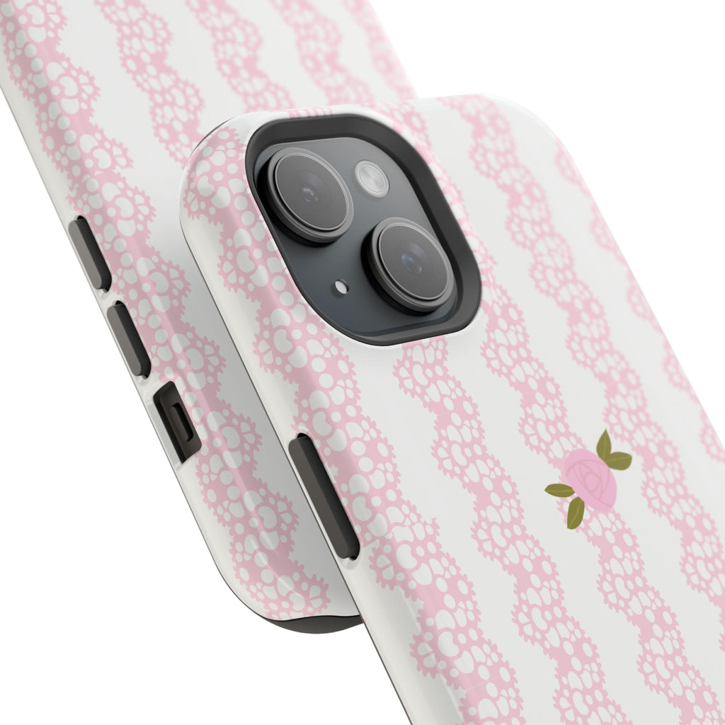 Pink lace knit jacquard phone case showing side buttons and dual camera cutouts
