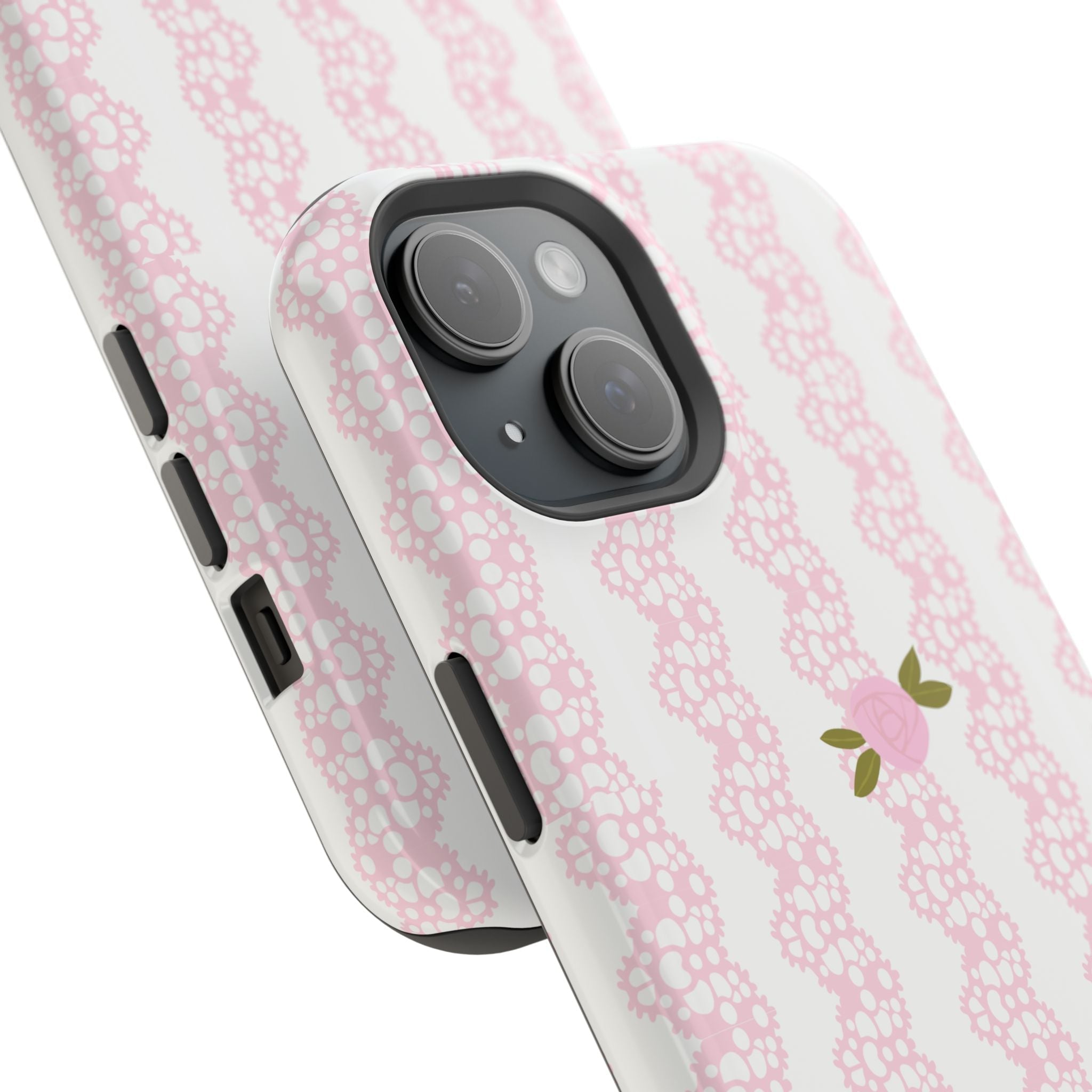 Pink lace knit jacquard phone case showing side buttons and dual camera cutouts