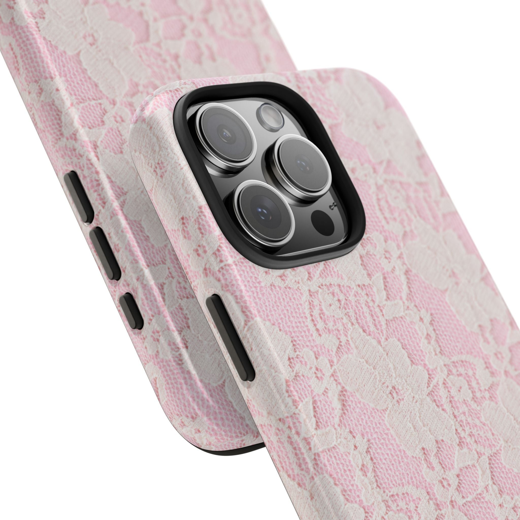 Pink lace phone case, textured floral pattern with camera lens cutout and side buttons