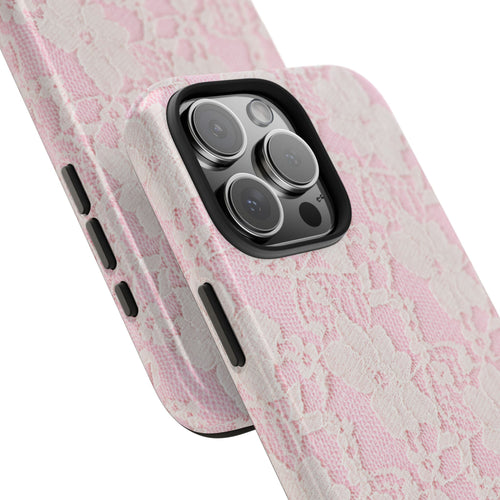 Pink lace phone case, textured floral pattern with camera lens cutout and side buttons