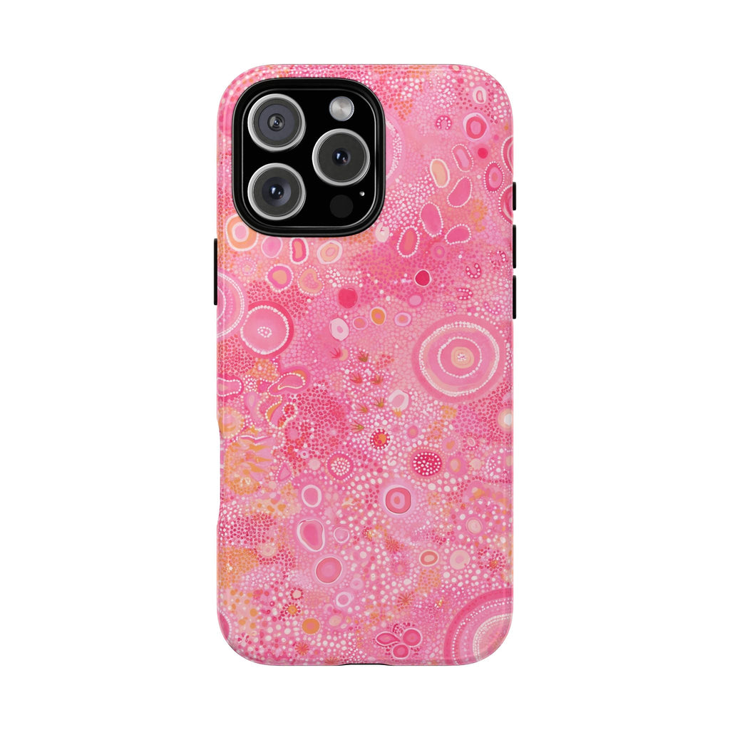 Pink lagoon phone case with glossy pink bubble pattern and raised camera cutouts