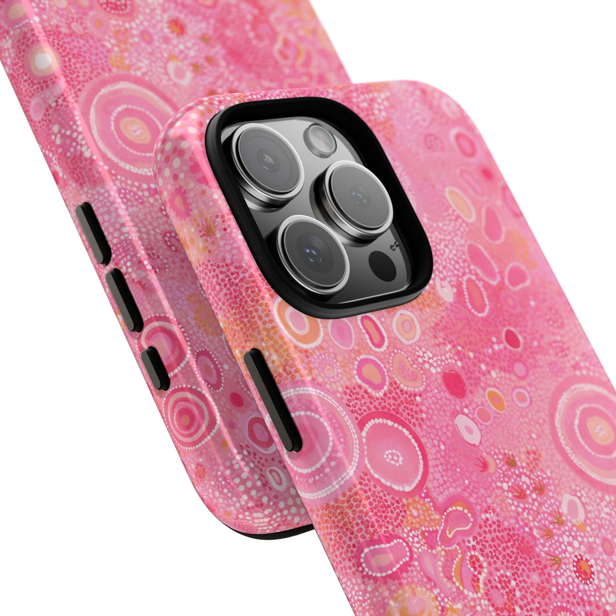 Pink lagoon phone case with bubble pattern, angled view showing camera lens openings