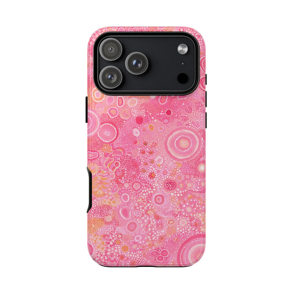 Pink lagoon phone case in pink bubble design, camera bezel and side button cutouts