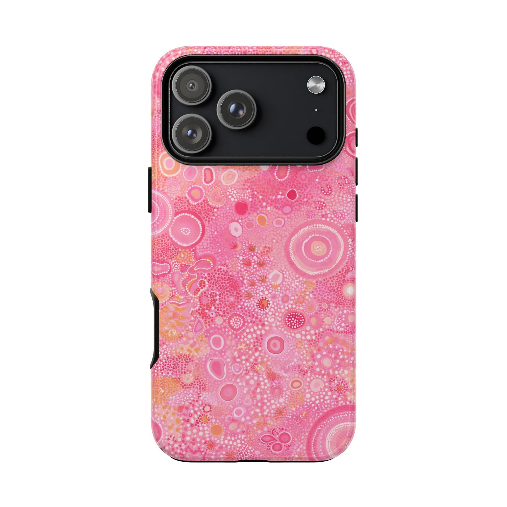 Pink lagoon phone case in pink bubble design, camera bezel and side button cutouts