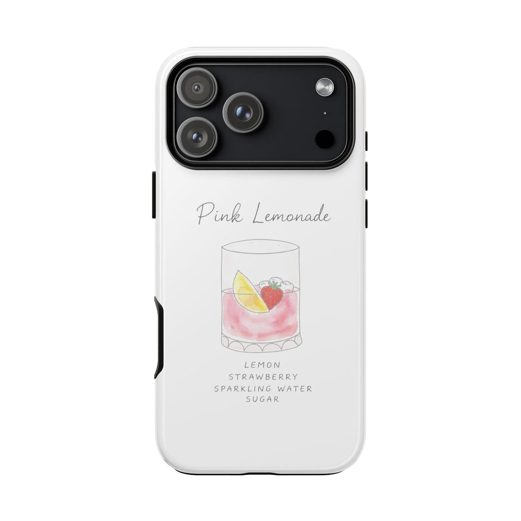 White phone case with Pink Lemonade drink illustration and flavor labels