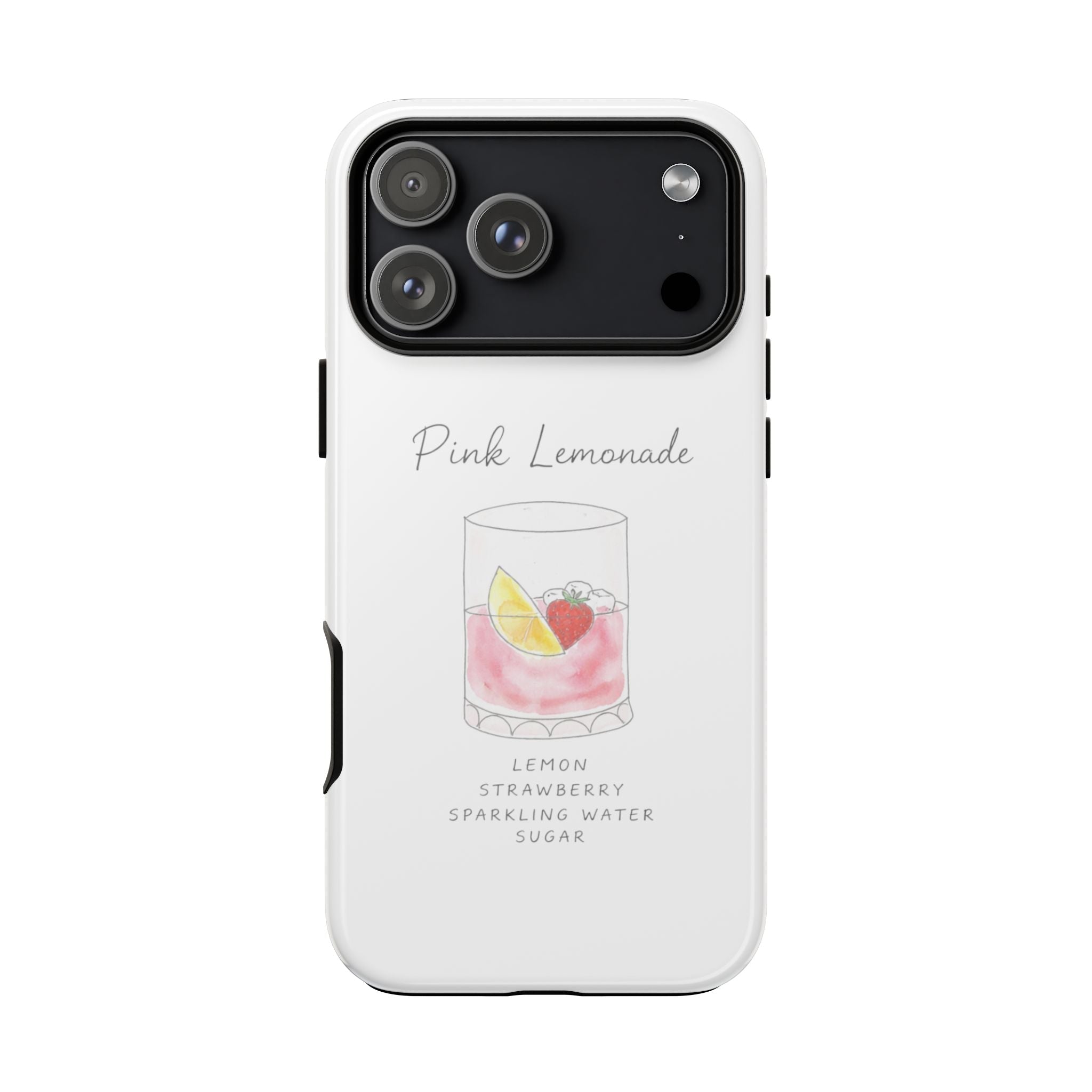 White phone case with Pink Lemonade drink illustration and flavor labels