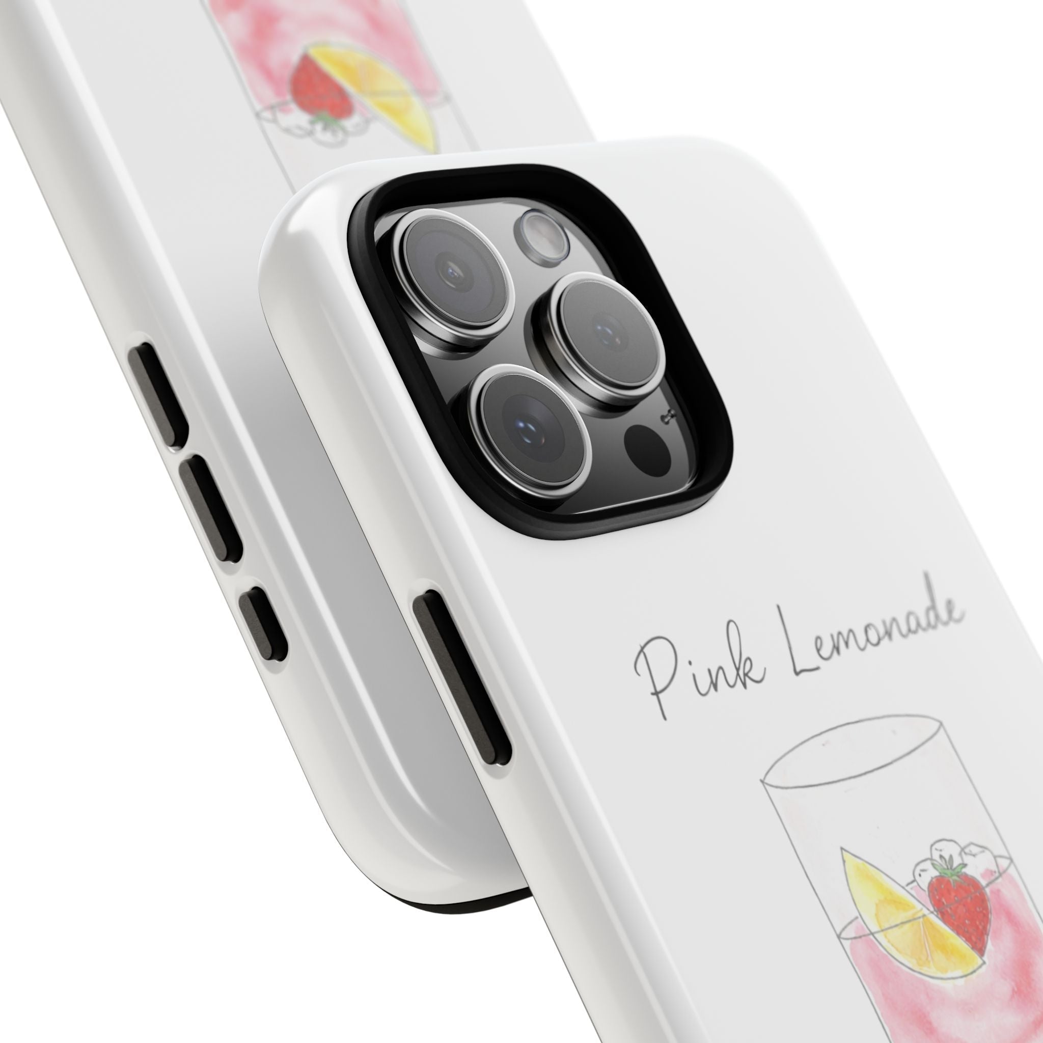 White phone case close-up with camera cutout and Pink Lemonade graphic