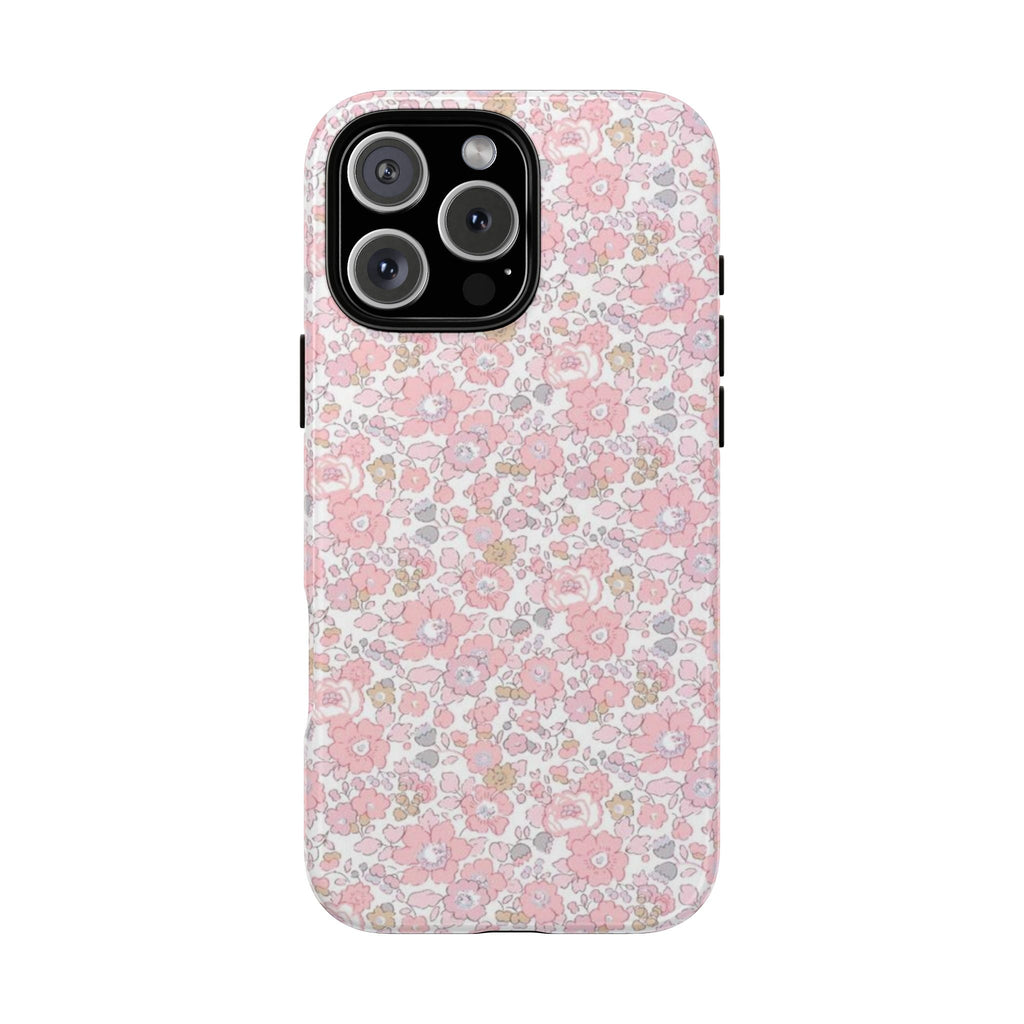 Pink Liberty floral phone case with cutouts for camera and flash