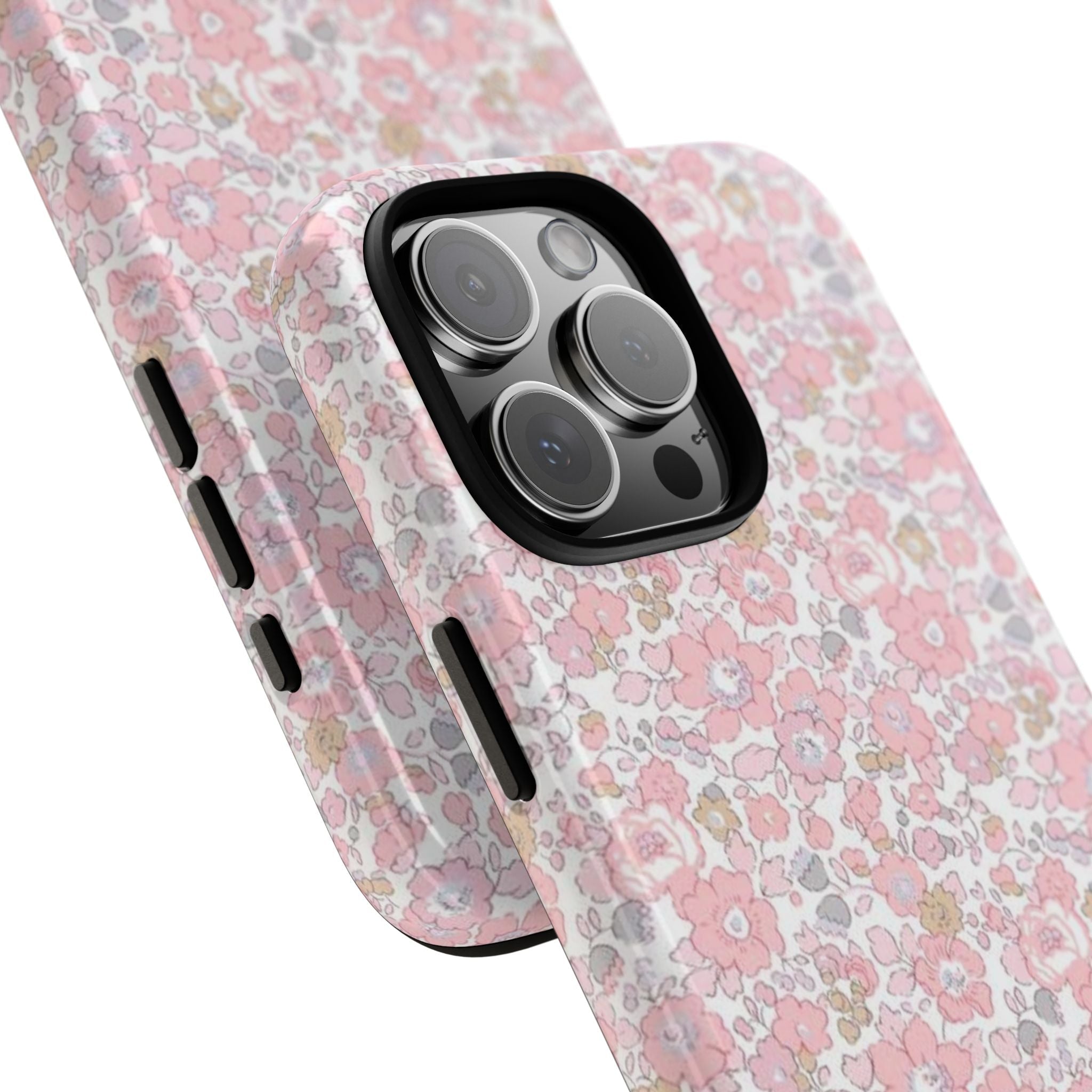 Pink floral phone case showing side buttons and camera lens cutout