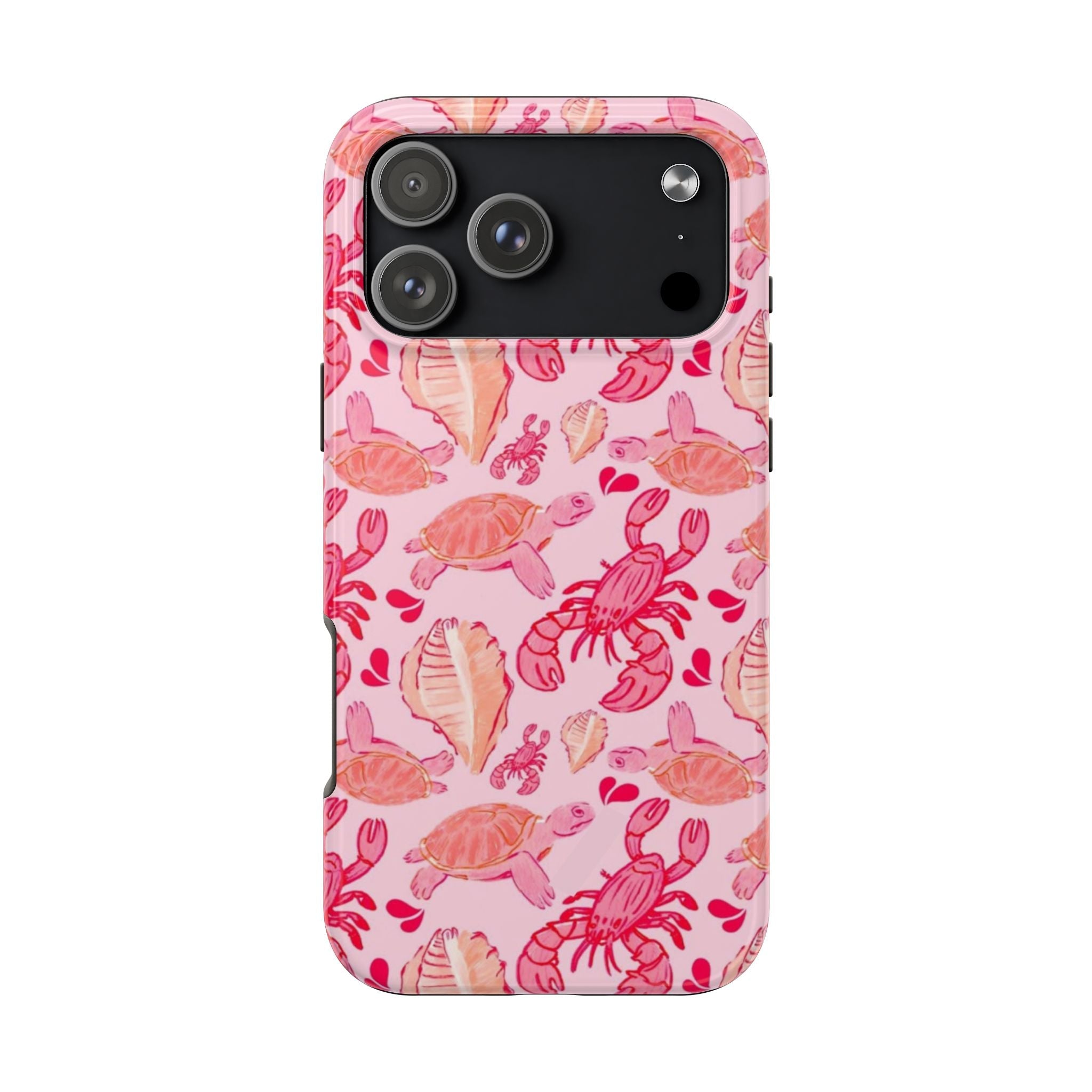 Pink lobster sea-pattern phone case with camera cutouts, pink and red crustaceans