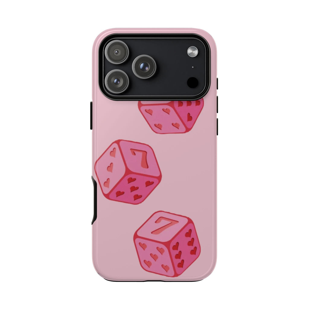 Pink dice phone case with number 7 and heart face dice print, back view
