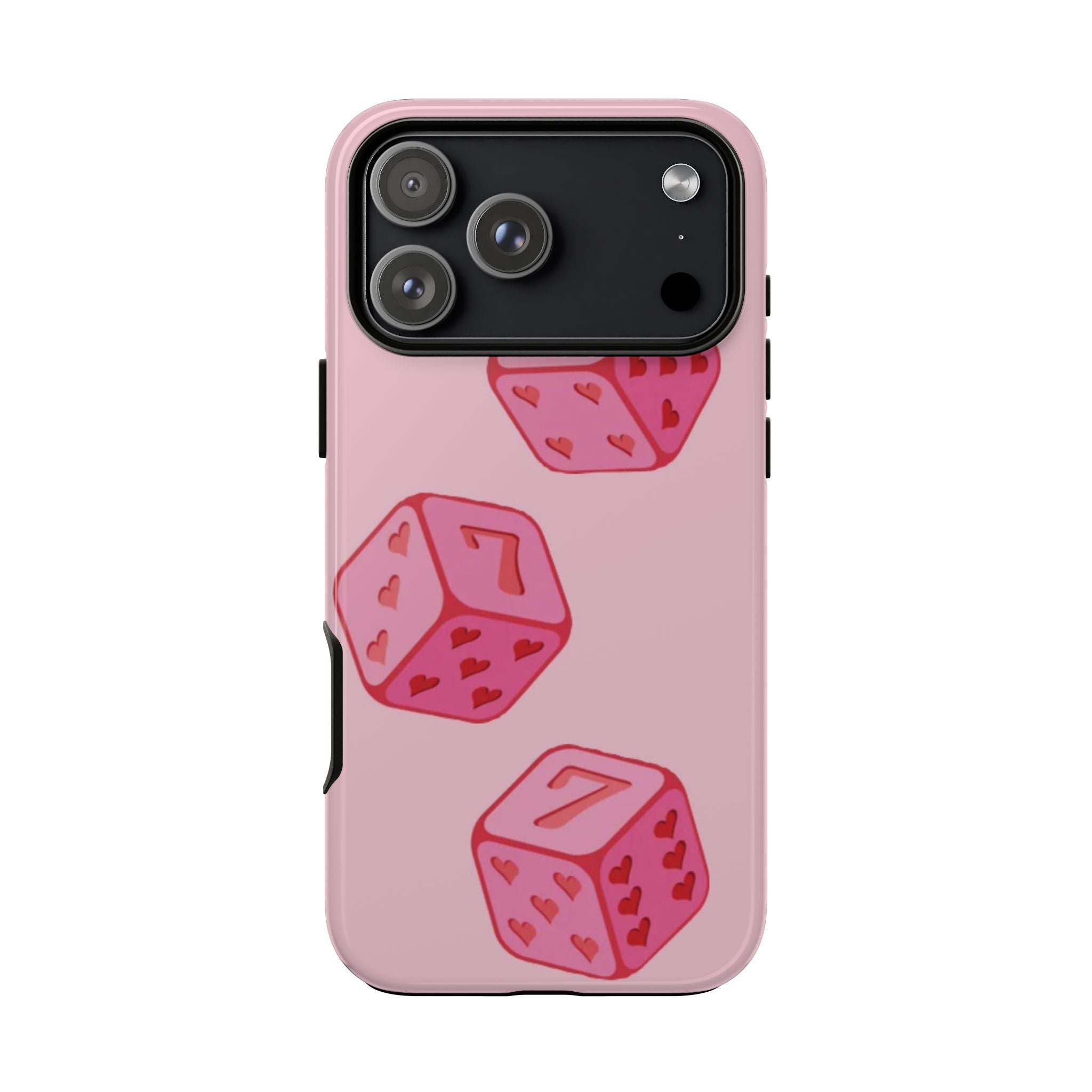 Pink dice phone case with number 7 and heart face dice print, back view