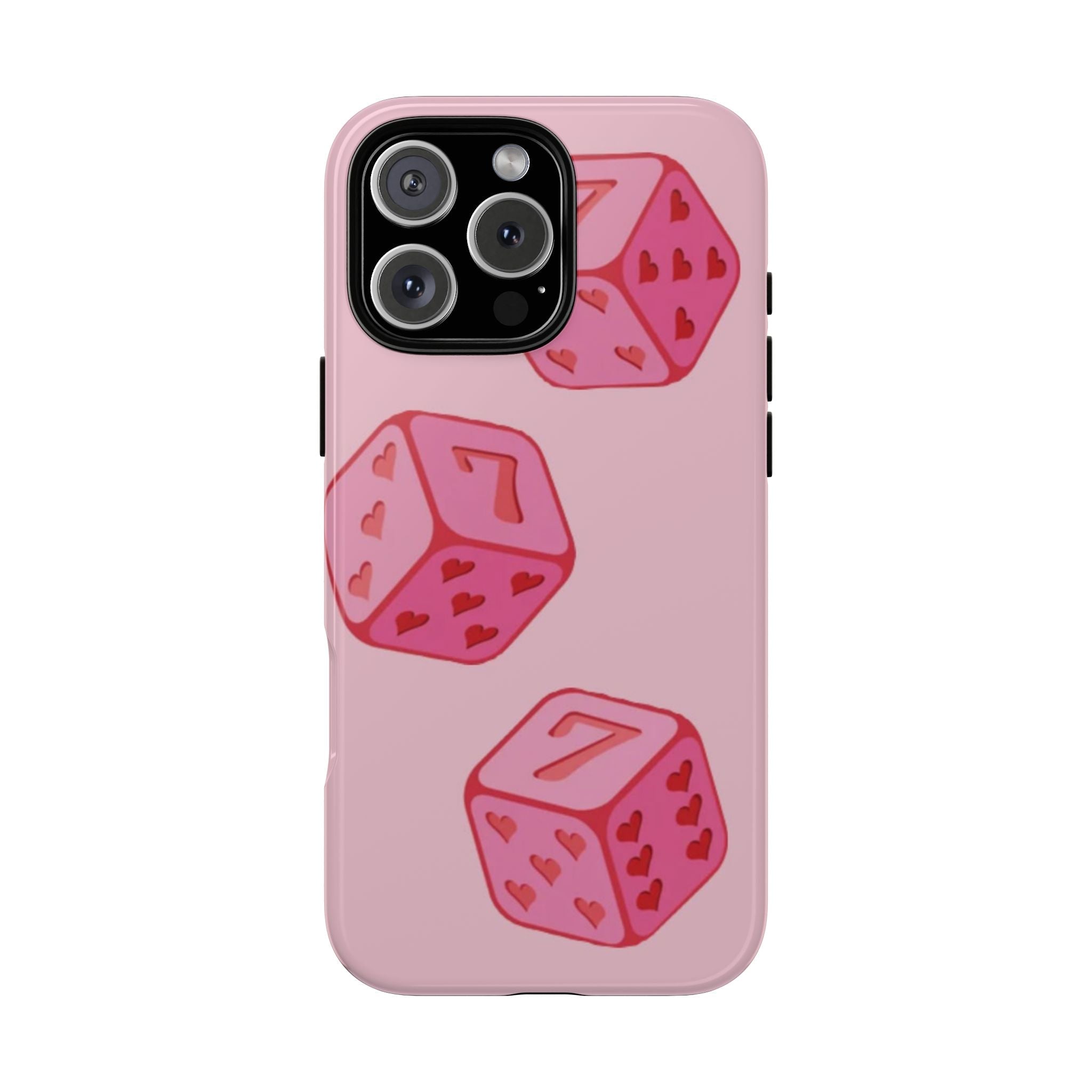 Pink phone case with dice hearts pattern and lucky number 7 on the back