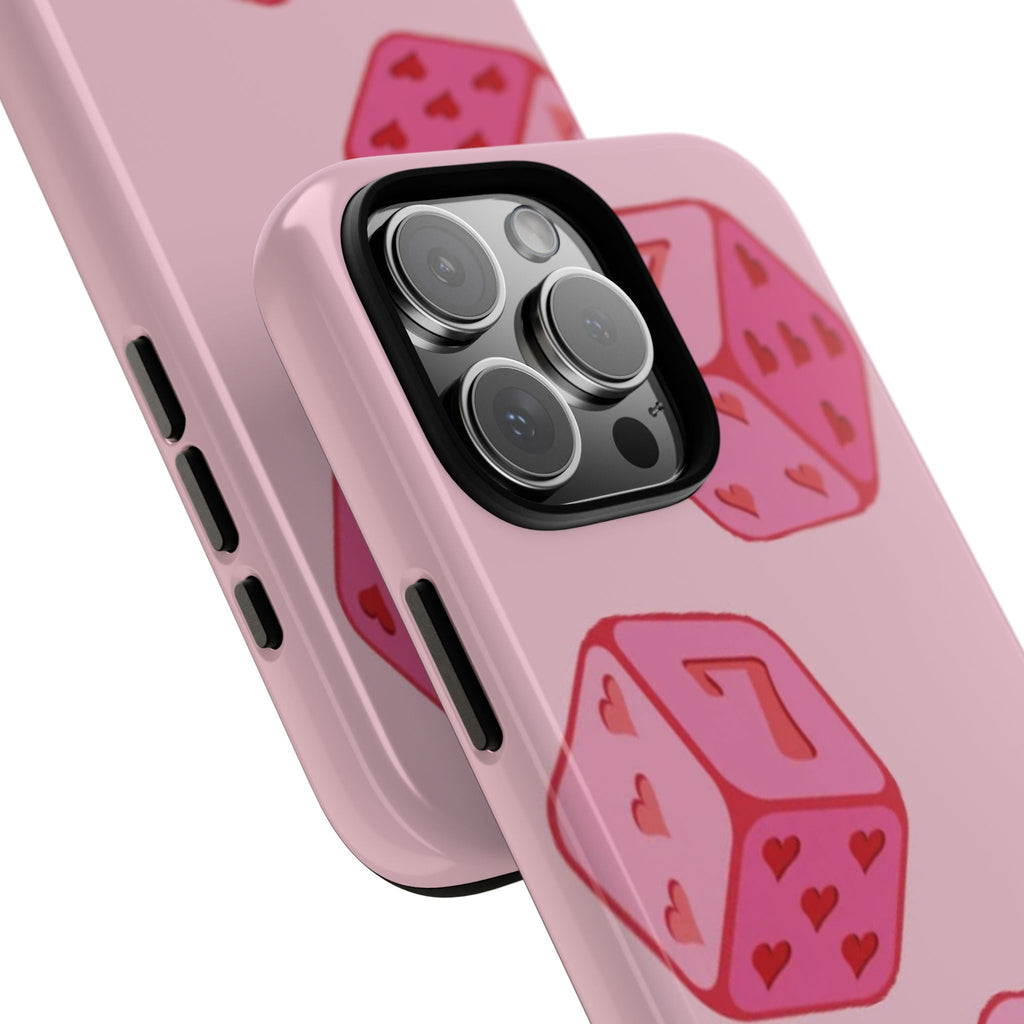 Close-up pink dice phone case with lucky number 7 heart dice print and camera openings