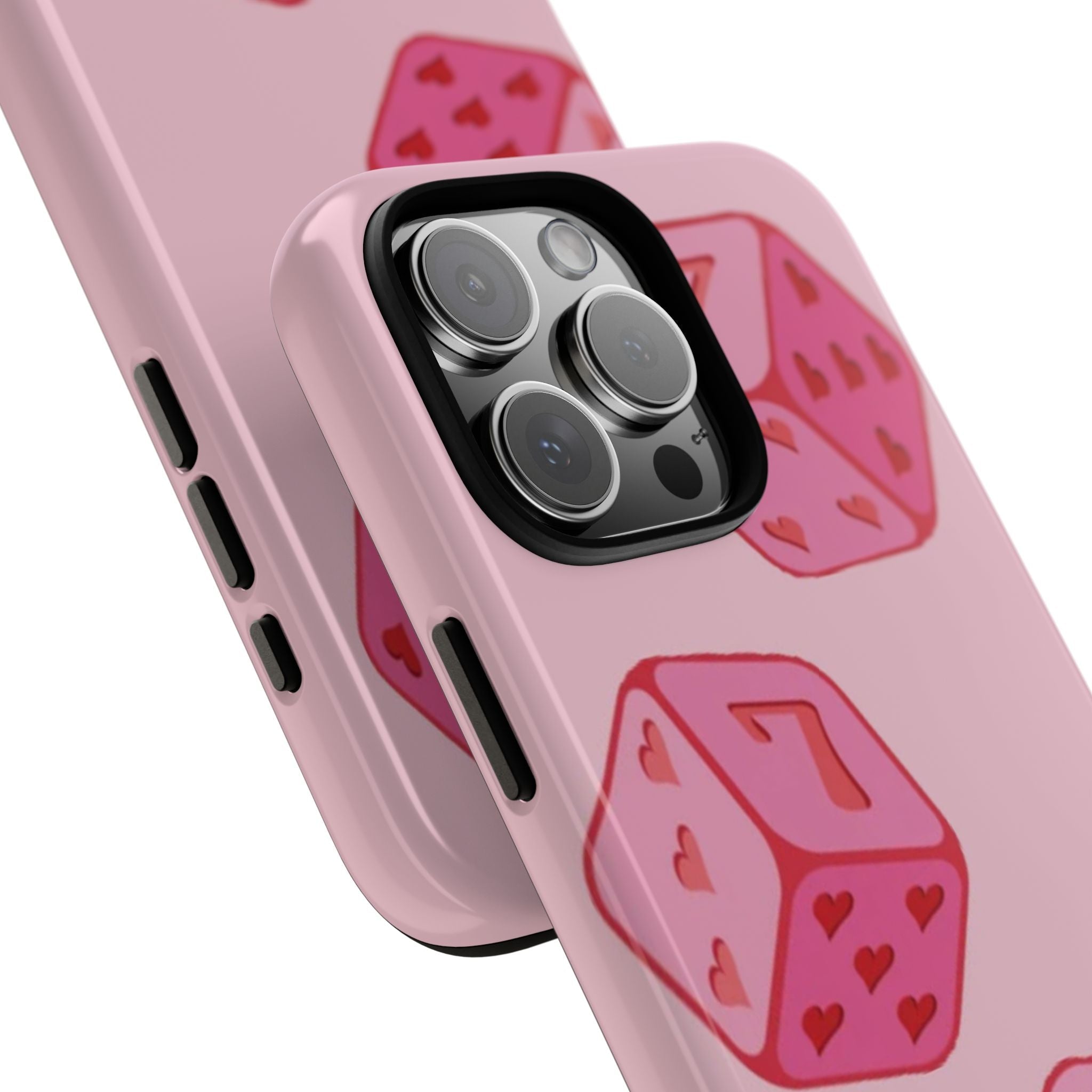 Close-up pink dice phone case with lucky number 7 heart dice print and camera openings