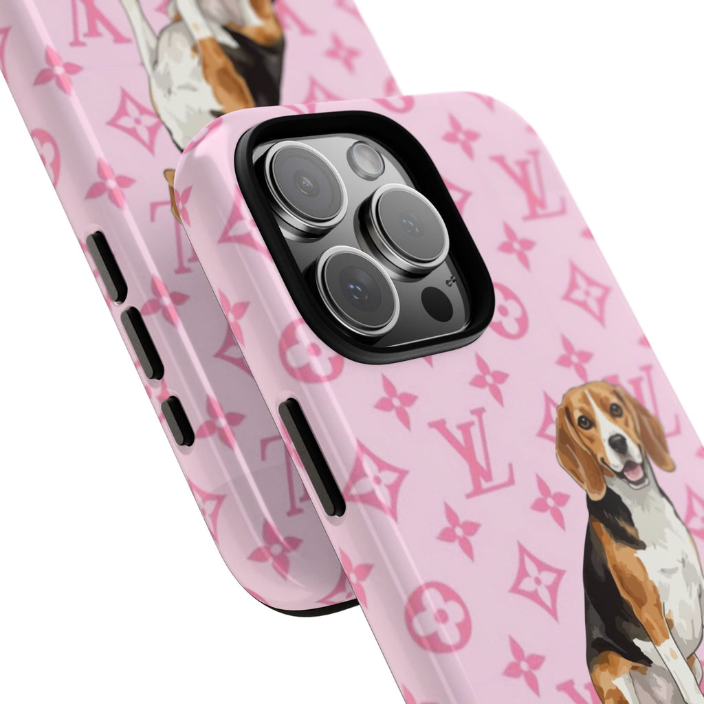 Angled view of pink beagle phone case with LV monogram and camera lenses