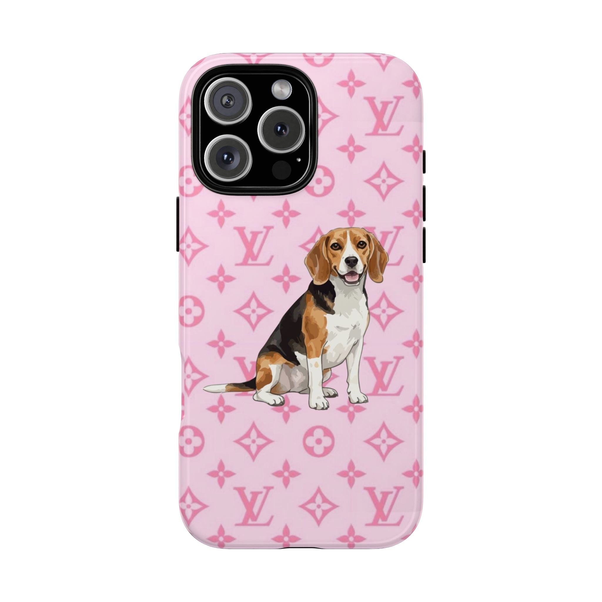 Pink phone case with beagle sitting on Louis Vuitton-style pattern