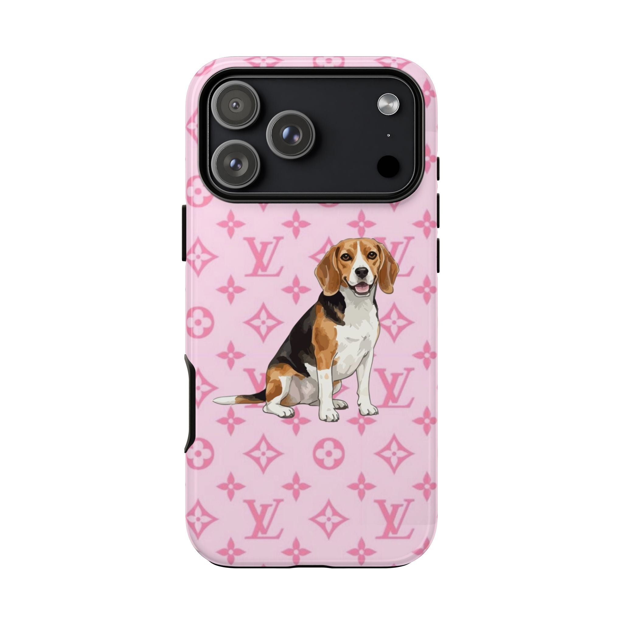 Pink beagle phone case with monogram pattern and camera cutout