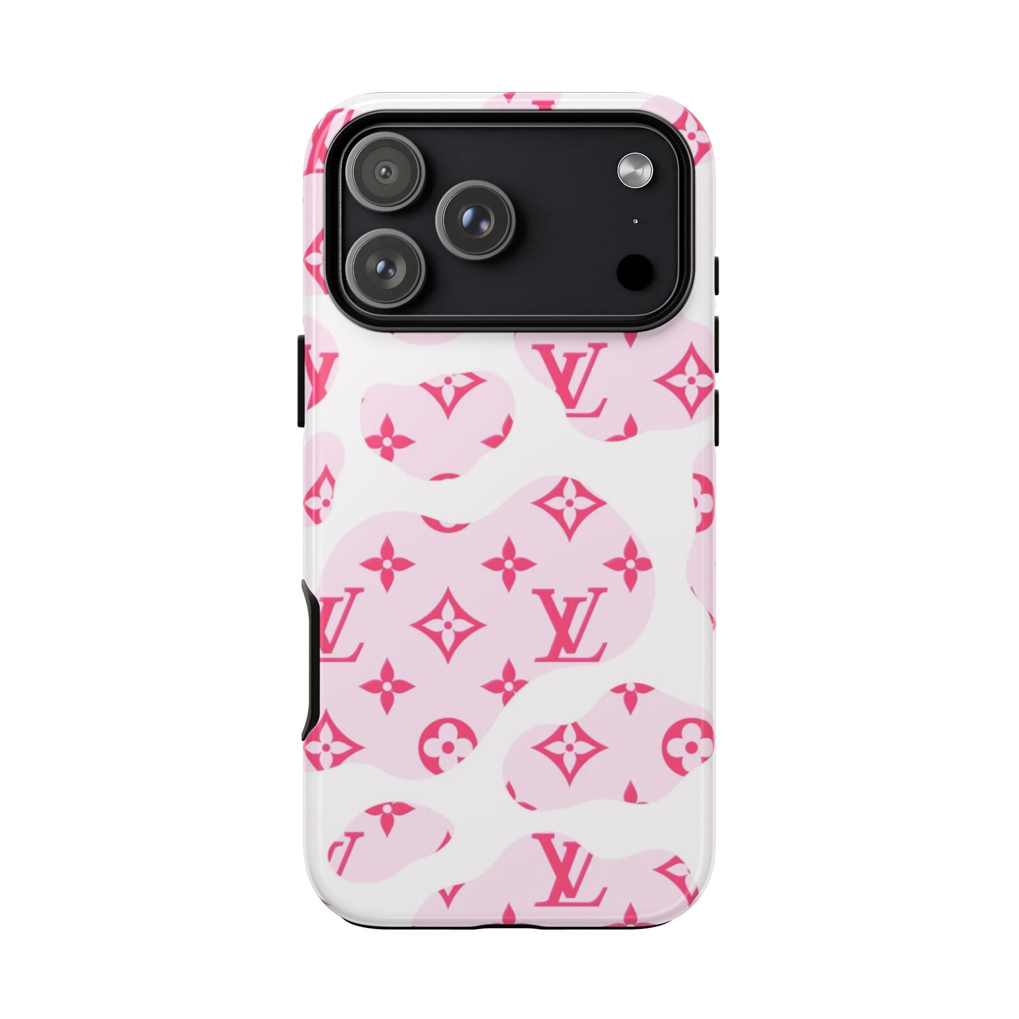Pink cow print phone case with LV-style logos, camera cutout and side openings
