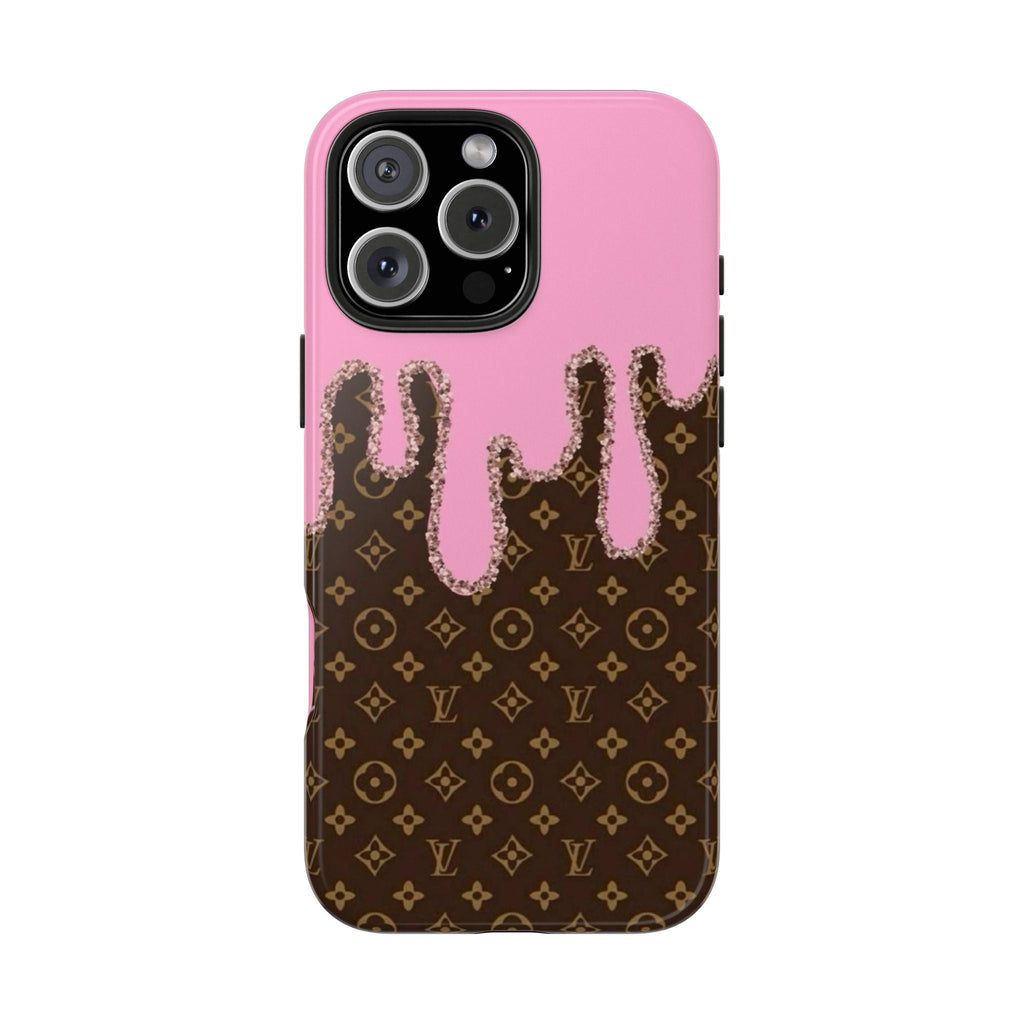 Pink phone case featuring a brown monogram drip design with visible camera cutouts