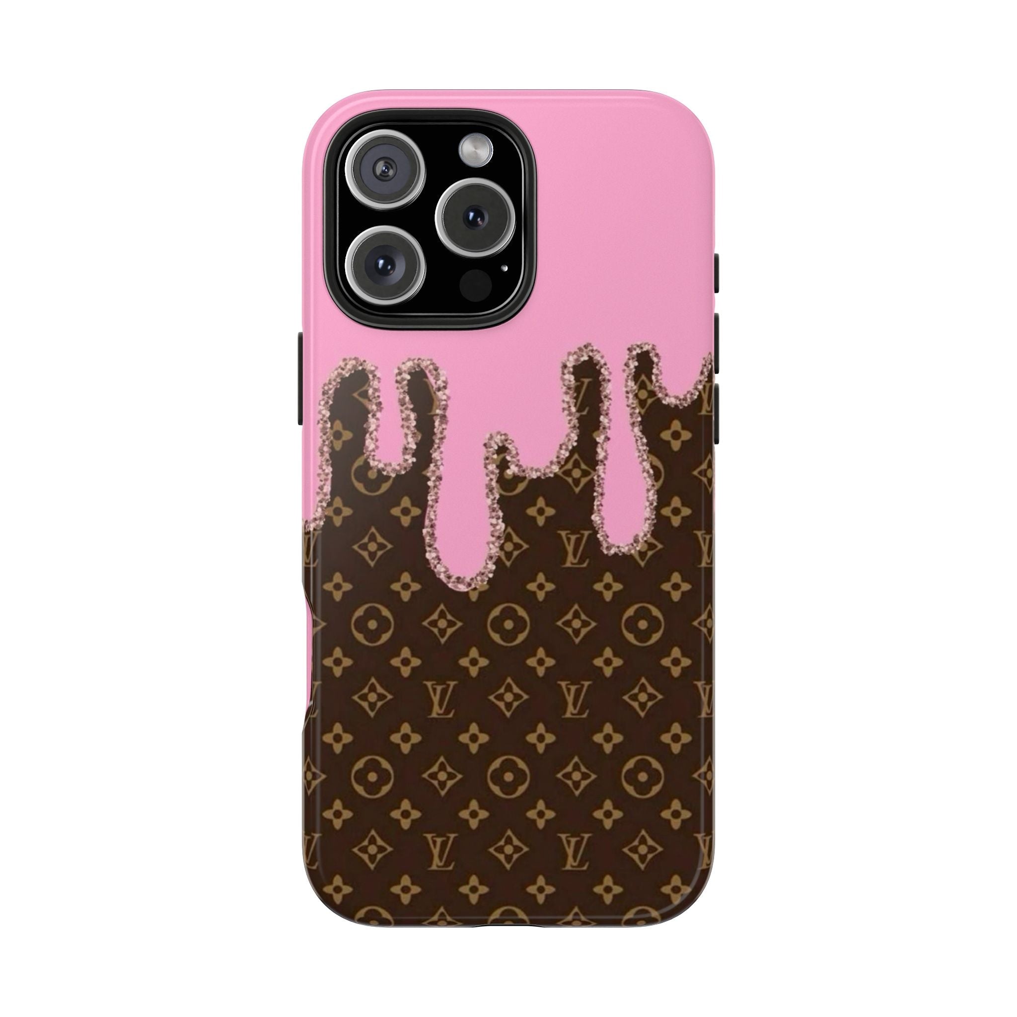Pink phone case featuring a brown monogram drip design with visible camera cutouts
