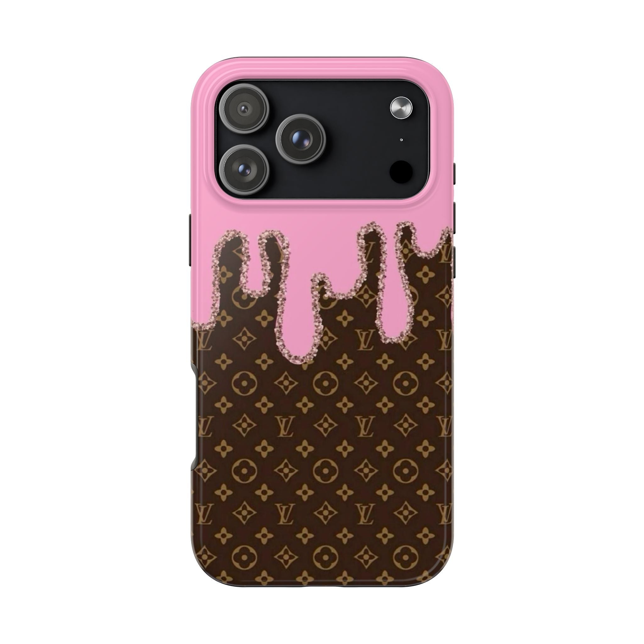 Pink phone case with brown monogram drip pattern and matching raised camera cover