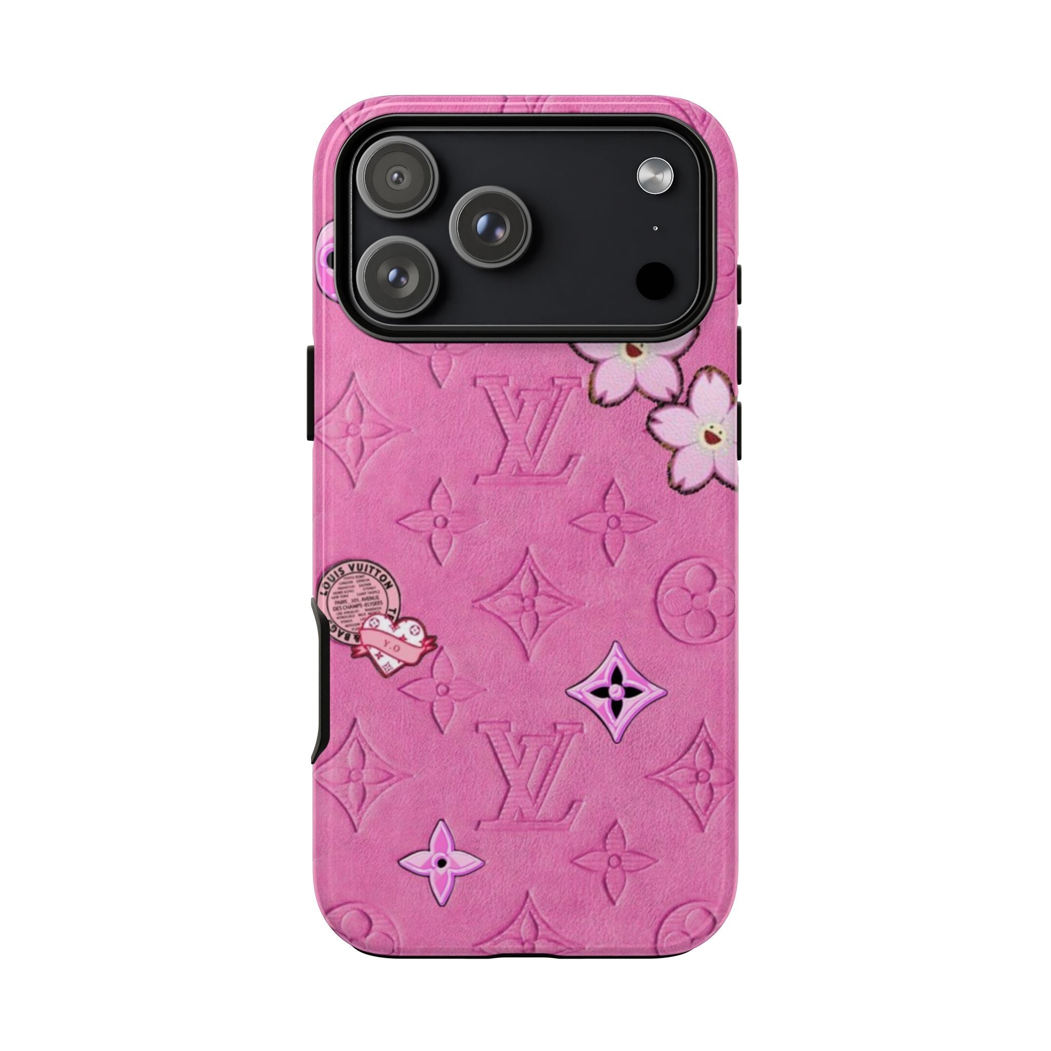 Pink phone case with LV-style pattern, purple star motifs, and cute bunny flower icons