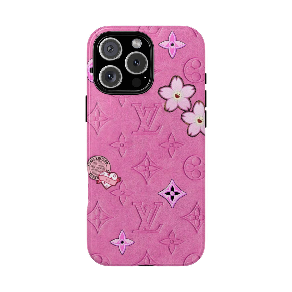 Pink phone case with LV monogram, bow stars, and kawaii flowers; cutouts for camera