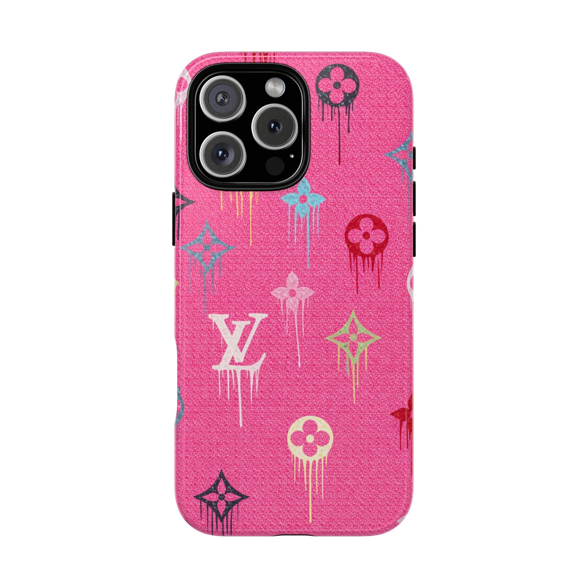 Pink glitter watercolor LV-style phone case with colorful emblem pattern, cutouts for cameras