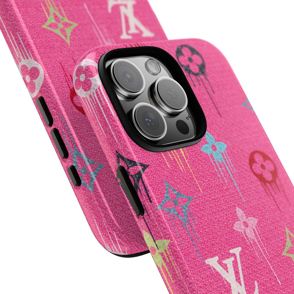 Angled view of pink glitter watercolor LV-style phone case with camera protection and side grips