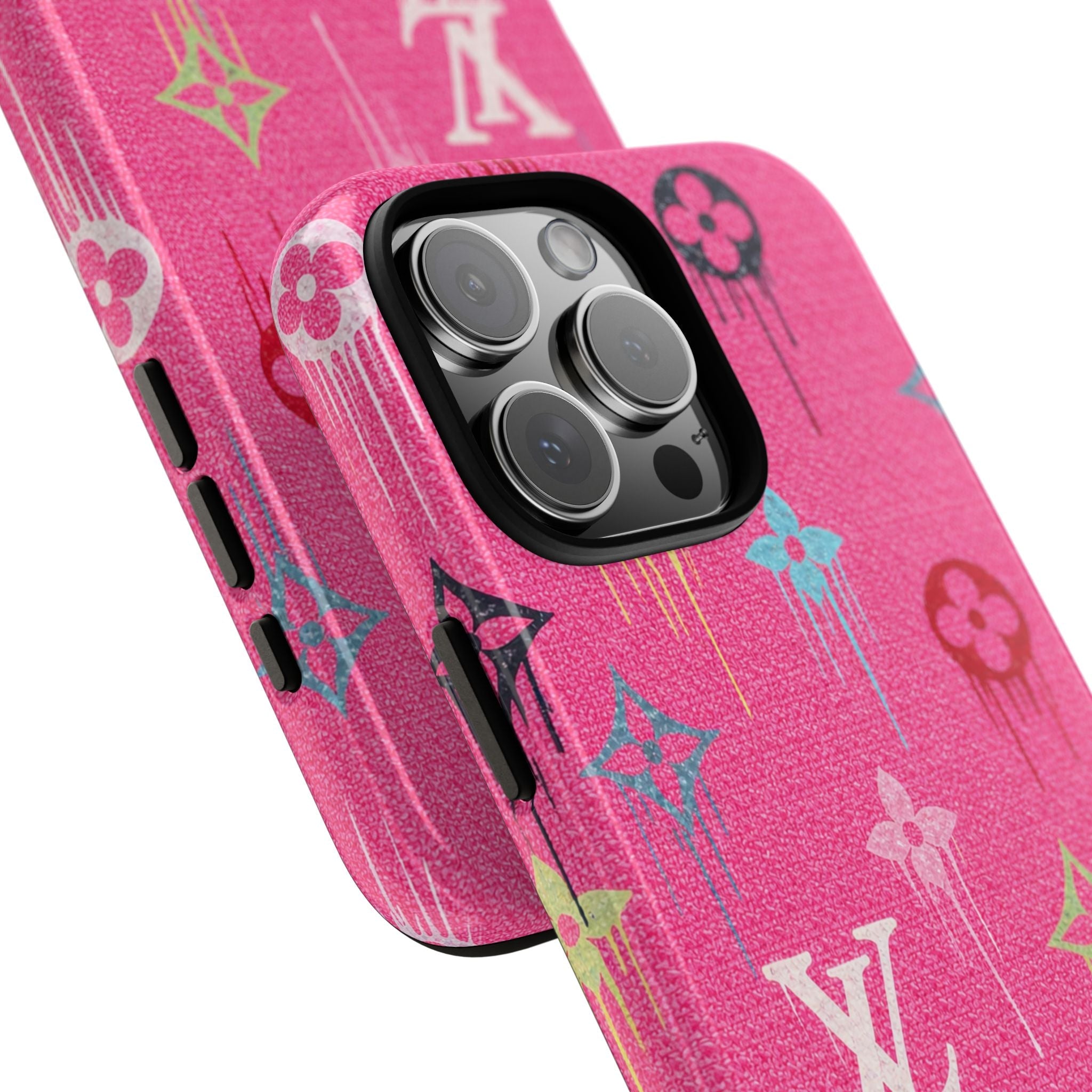 Angled view of pink glitter watercolor LV-style phone case with camera protection and side grips