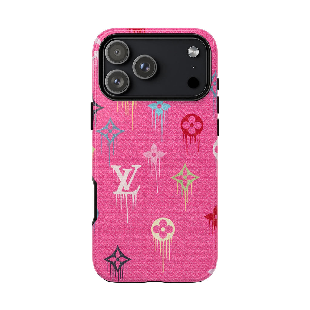 Pink glitter watercolor phone case with LV-style icons, camera opening and sensor cutouts