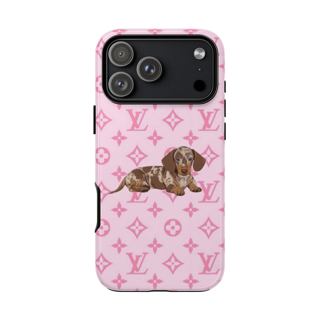 Back of pink weenie dog phone case with LV-style monogram pattern, camera cutouts