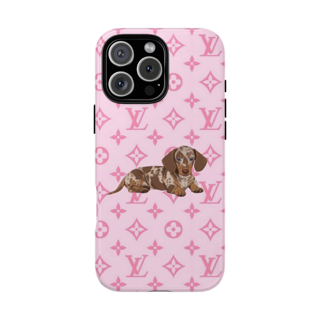 Pink weenie dog phone case with LV-style monogram pattern and camera cutouts