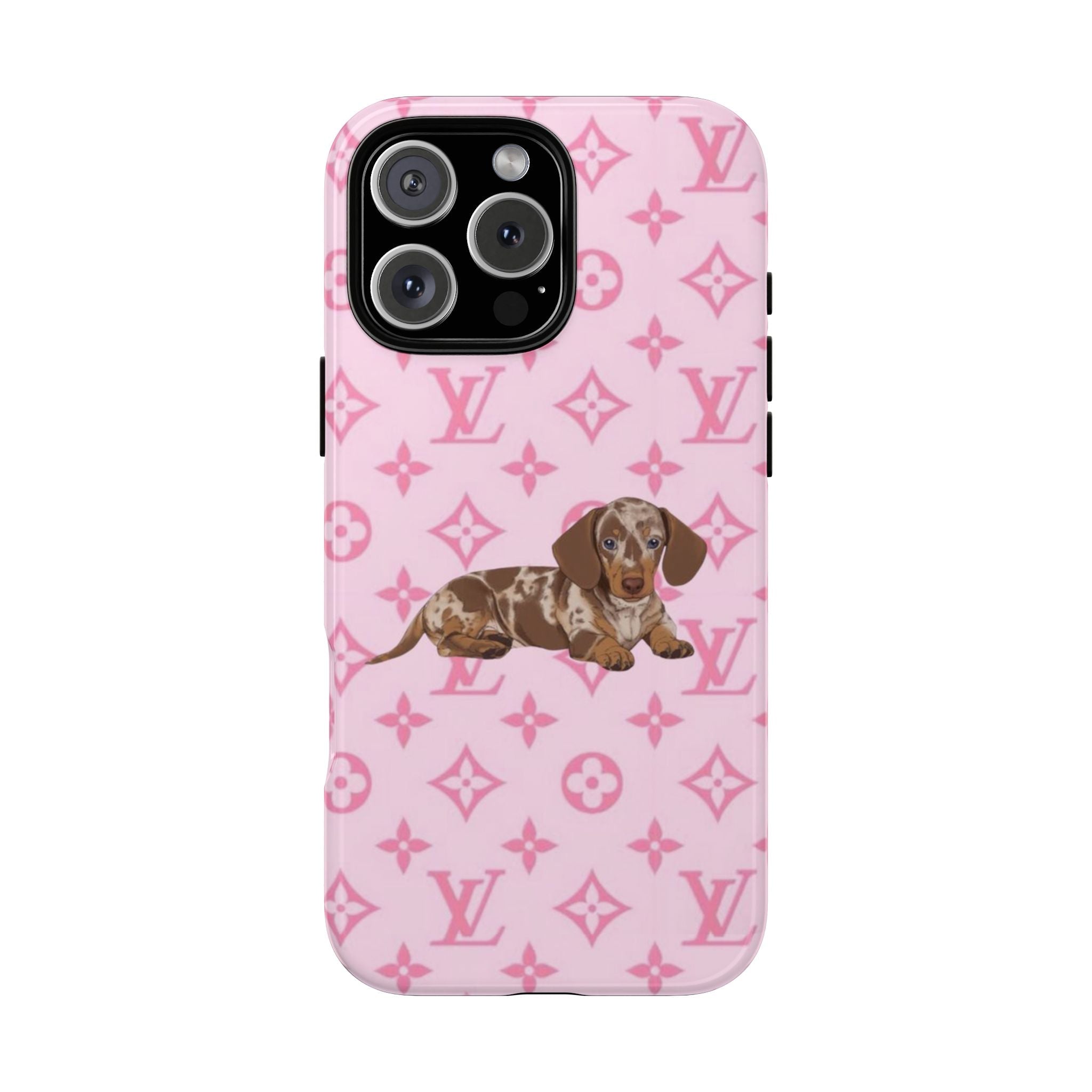 Pink weenie dog phone case with LV-style monogram pattern and camera cutouts