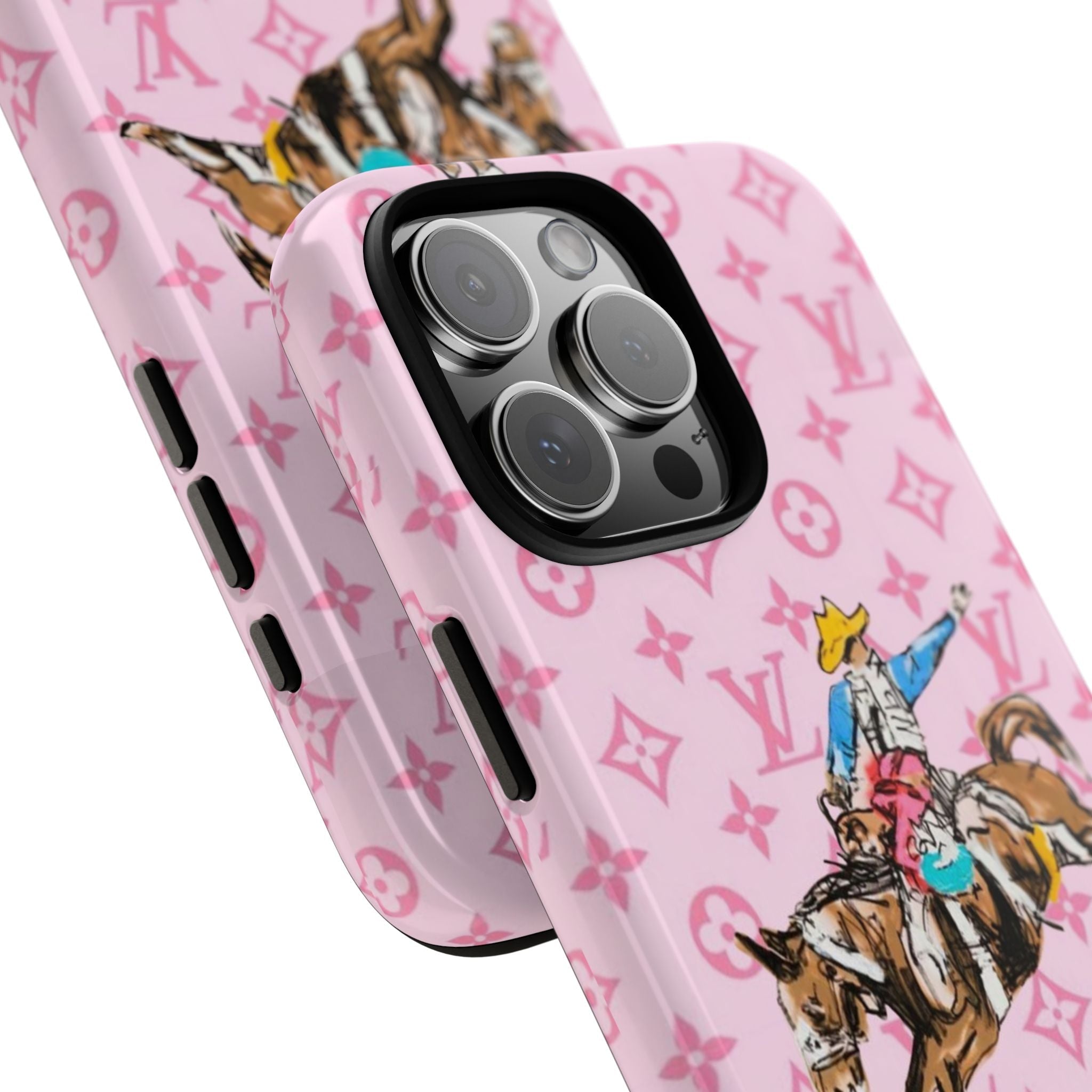 Pink phone case close-up with western cowboy and LV monograms; raised camera lens protectors