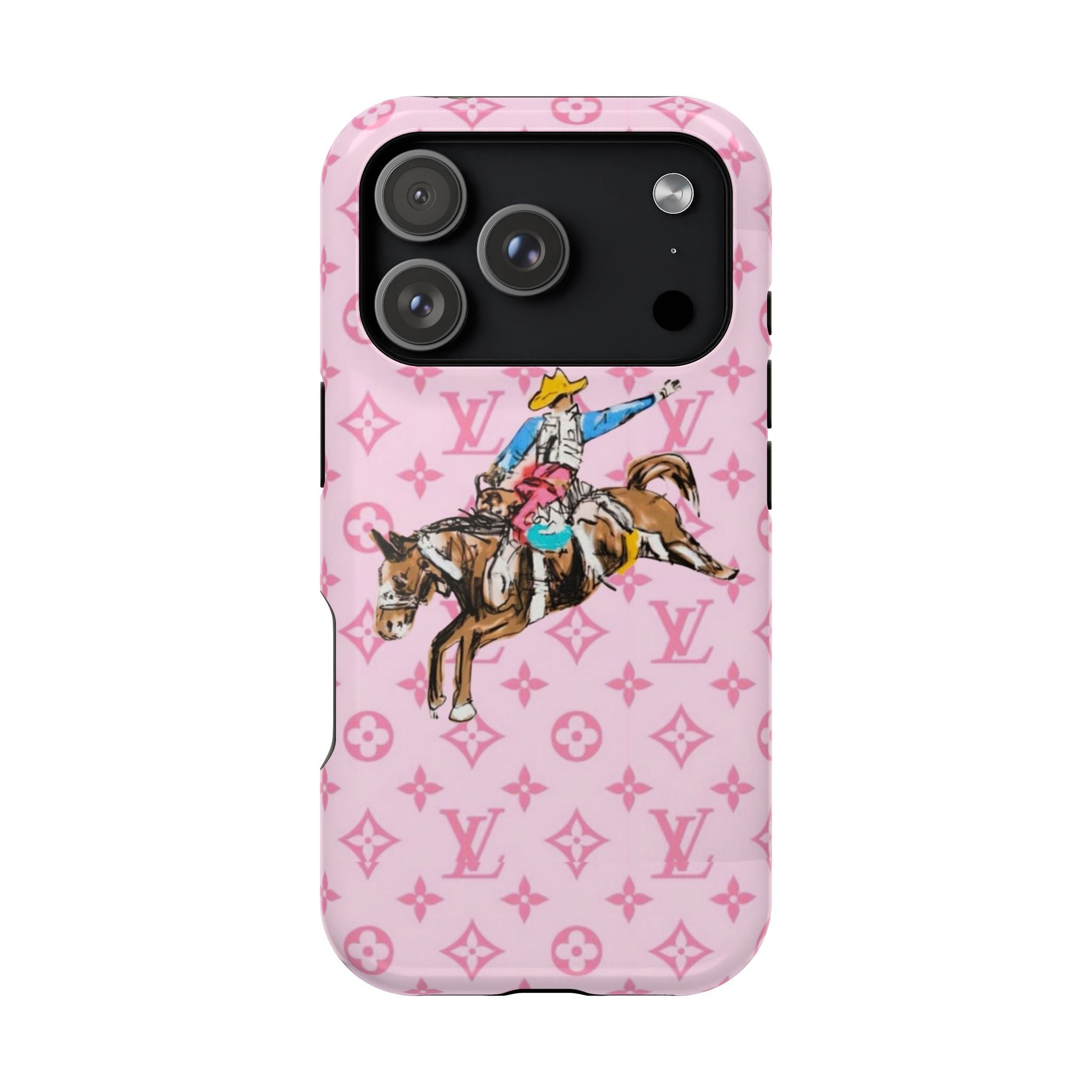 Pink case front view: western cowboy on horse with repeating LV symbols; camera openings