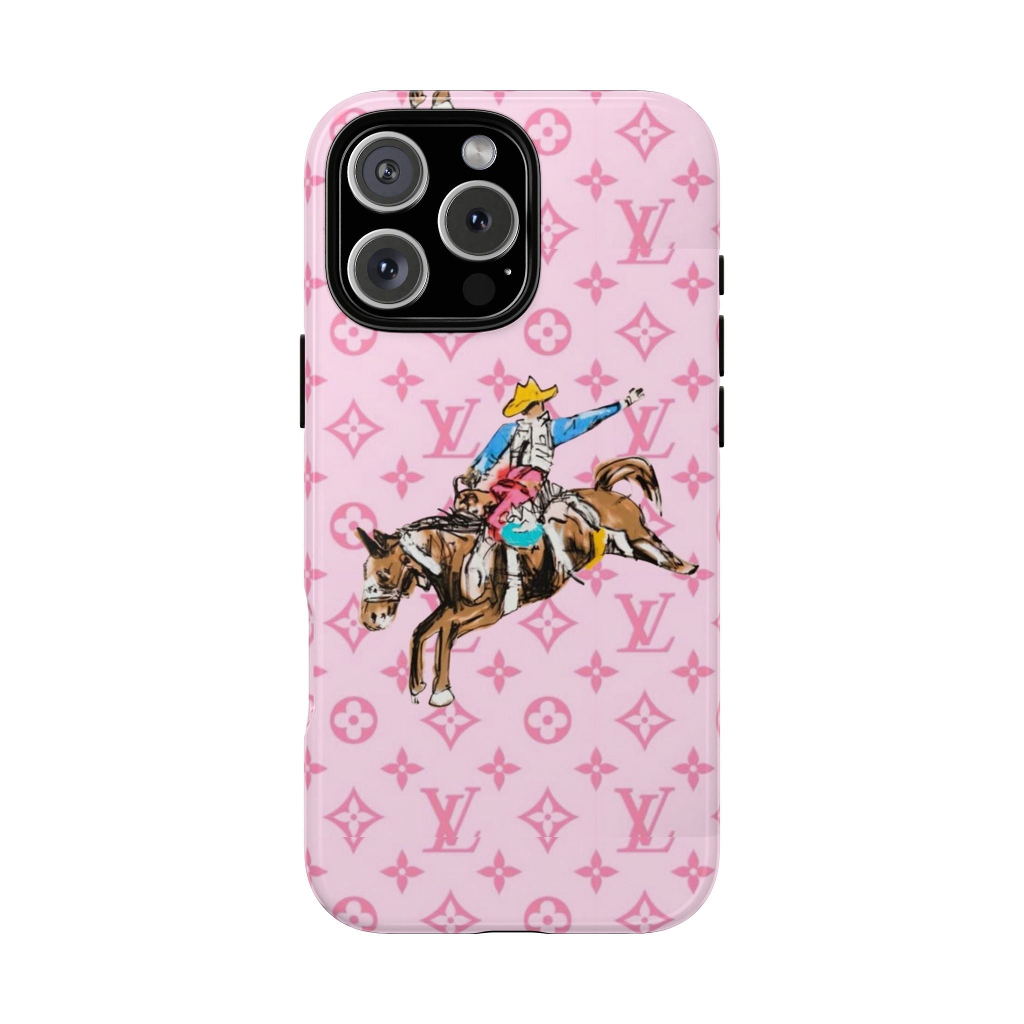 Pink phone case with western cowboy graphic and LV monogram pattern, cutouts for camera