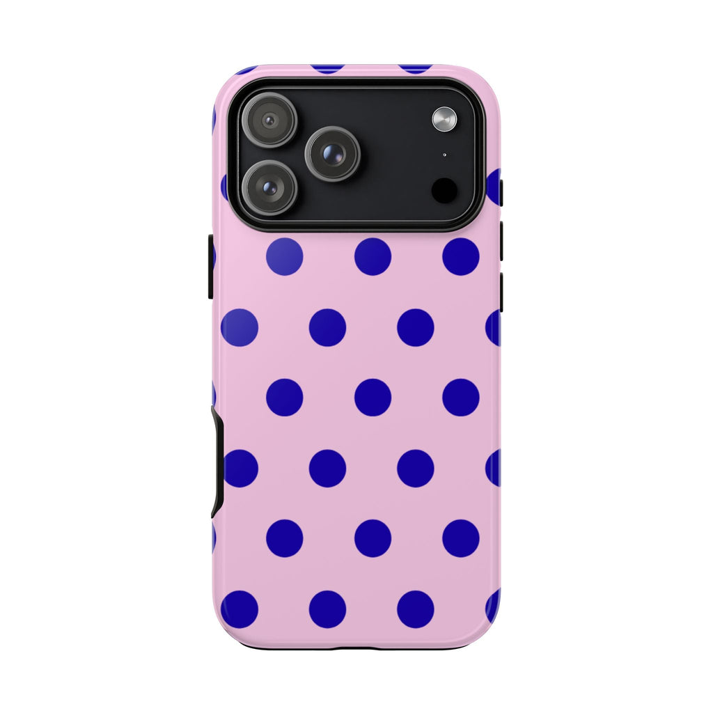 Pink polka-dot phone case with blue dots; raised camera bump on back