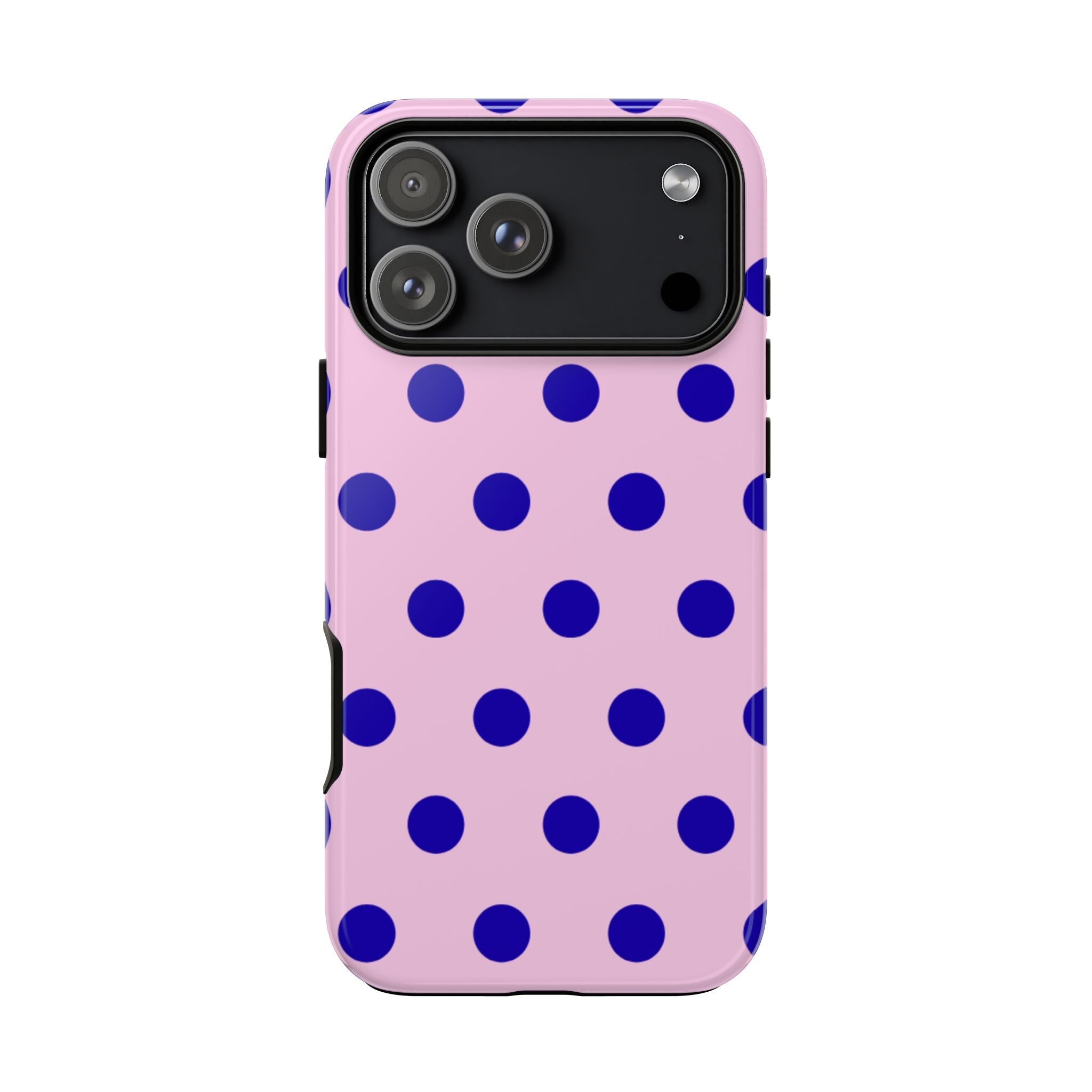 Pink polka-dot phone case with blue dots; raised camera bump on back
