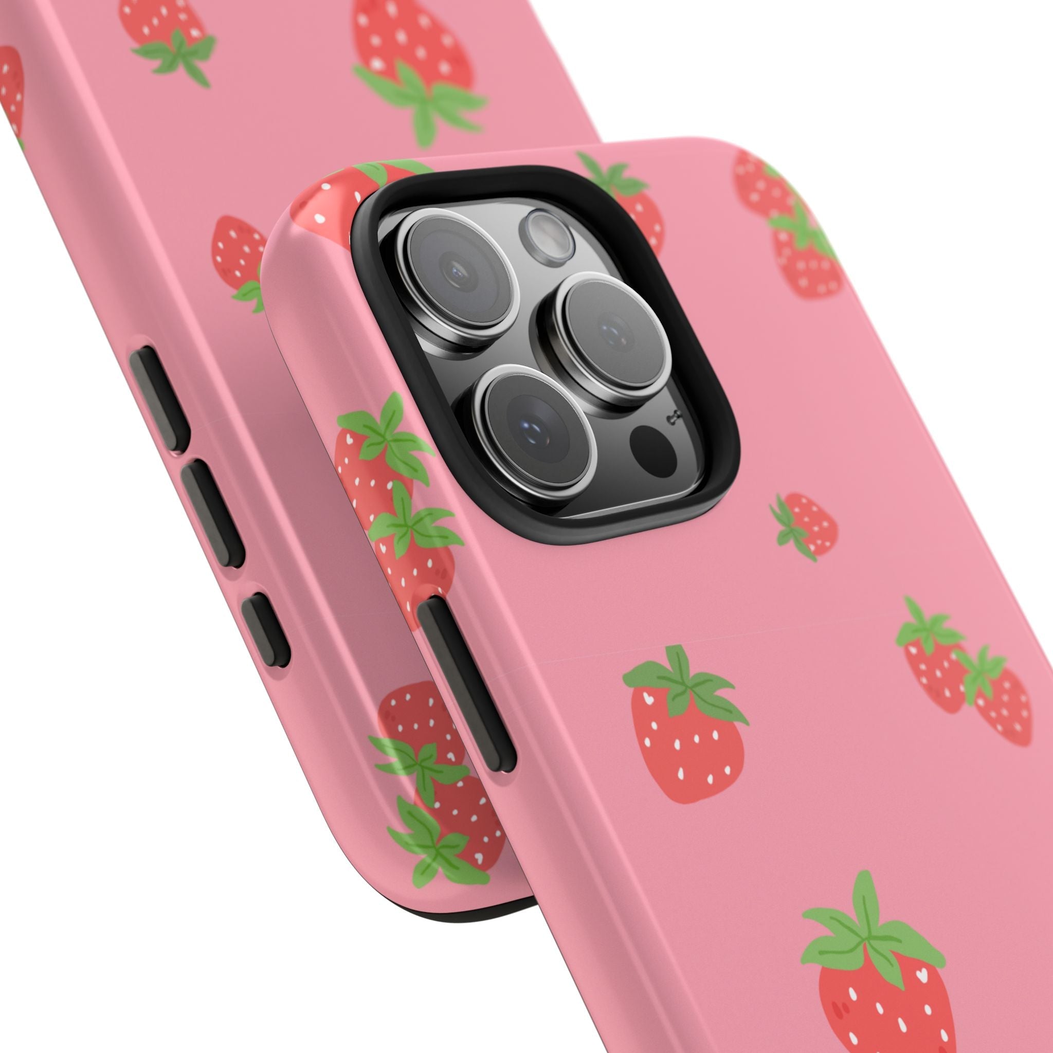 Pink strawberry phone case angled view showing side button openings and camera lenses