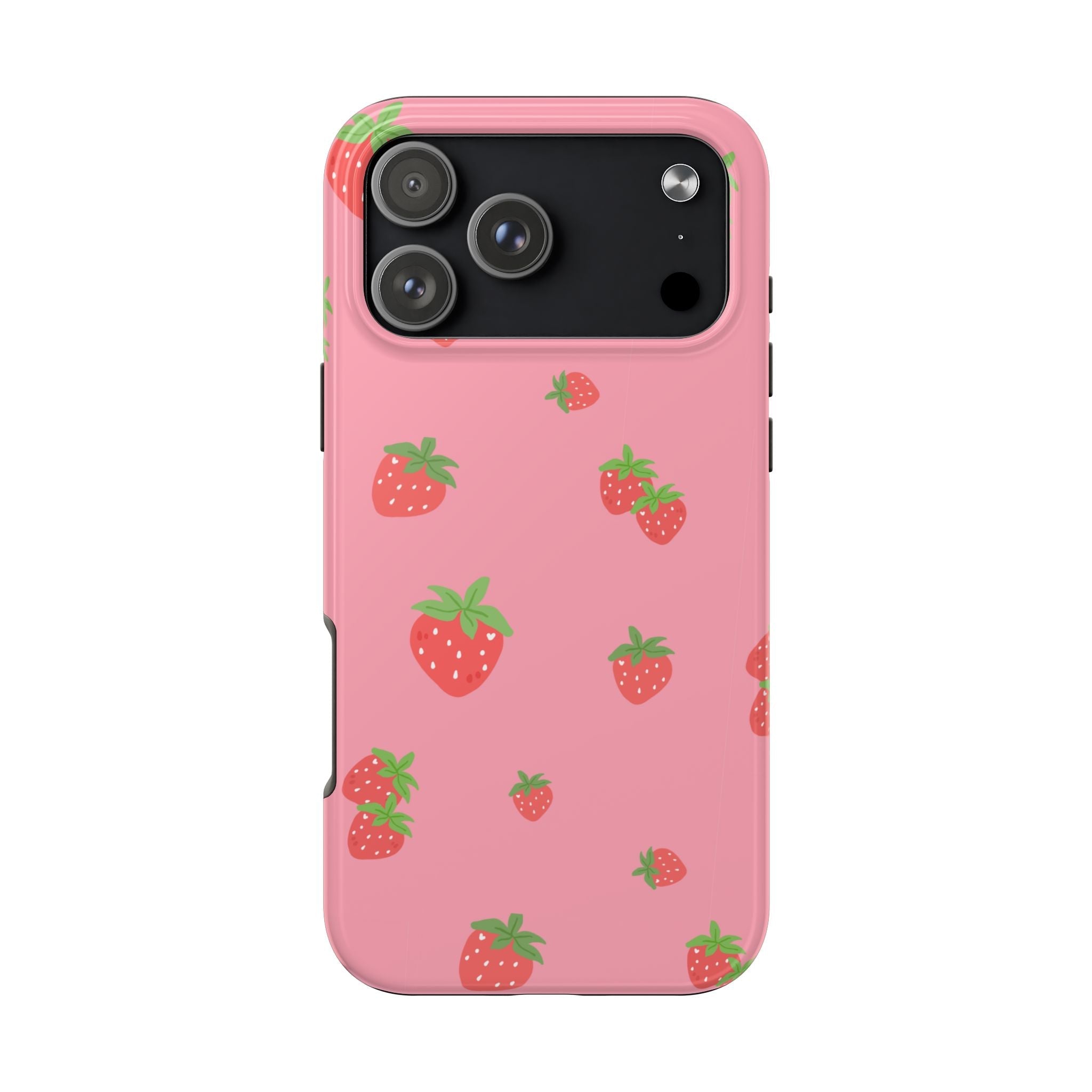 Pink phone case with strawberry pattern, rounded edges, and camera cutout